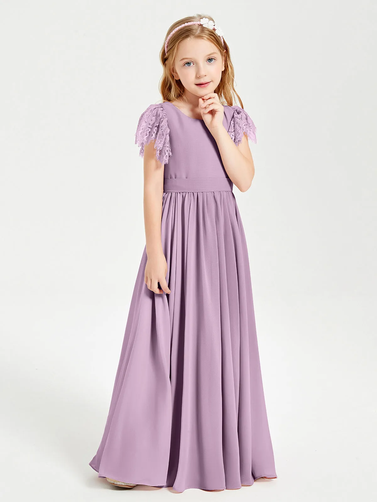 Chiffon Junior Bridesmaid Dresses Lace Flutter Sleeves Scoop Neck Wisteria