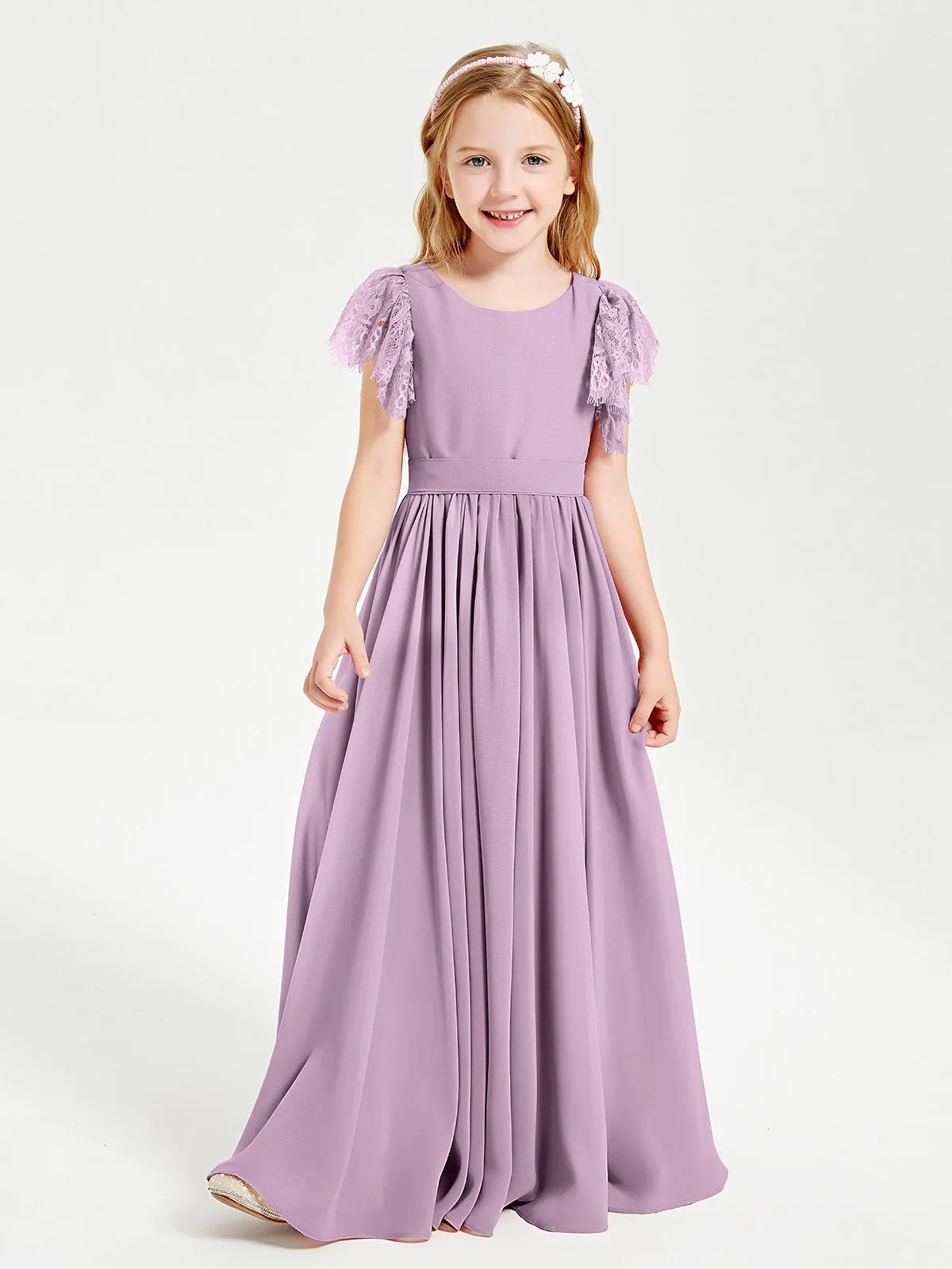 Chiffon Junior Bridesmaid Dresses Lace Flutter Sleeves Scoop Neck Wisteria