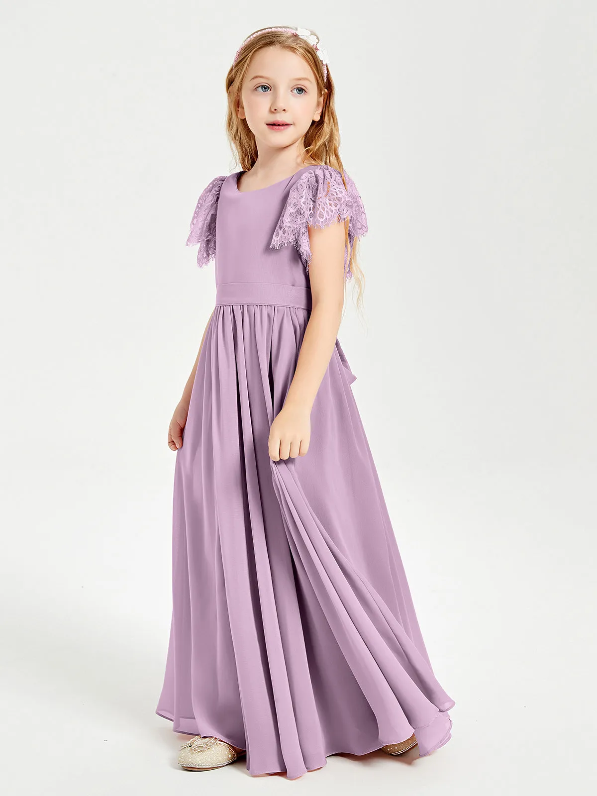 Chiffon Junior Bridesmaid Dresses Lace Flutter Sleeves Scoop Neck Wisteria