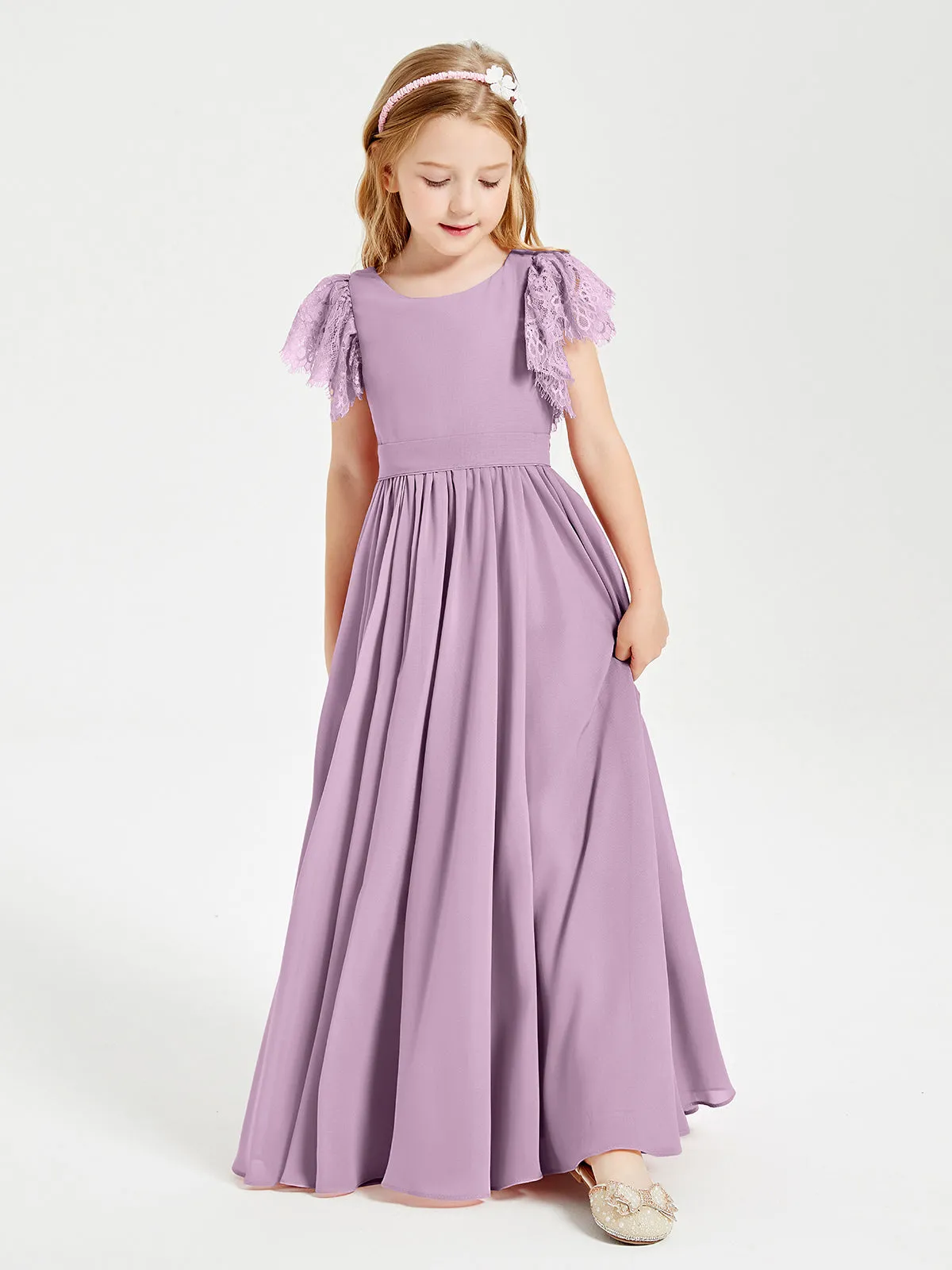 Chiffon Junior Bridesmaid Dresses Lace Flutter Sleeves Scoop Neck Wisteria