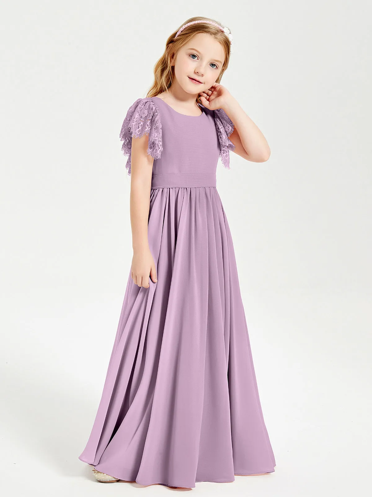 Chiffon Junior Bridesmaid Dresses Lace Flutter Sleeves Scoop Neck Wisteria