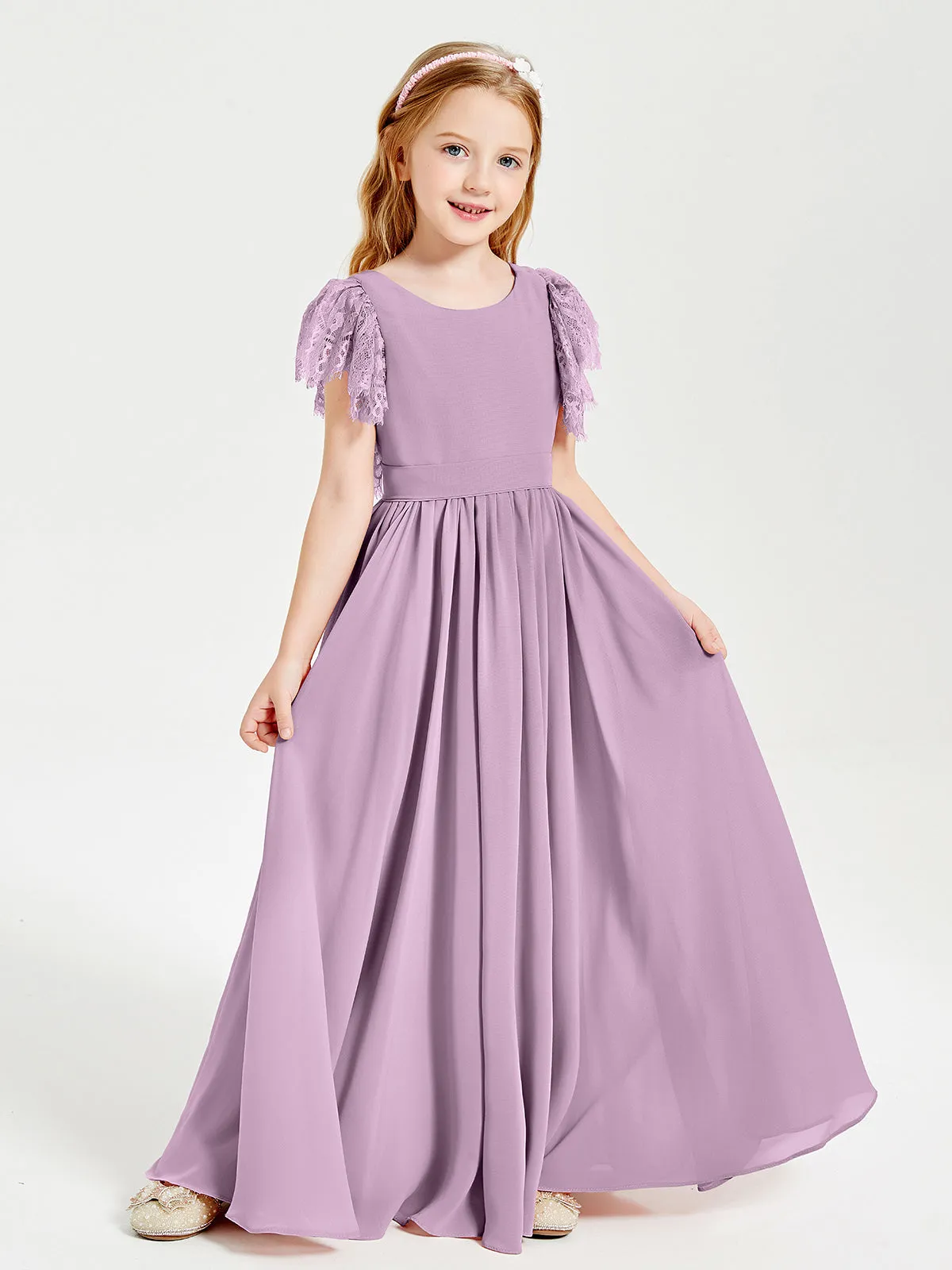 Chiffon Junior Bridesmaid Dresses Lace Flutter Sleeves Scoop Neck Wisteria