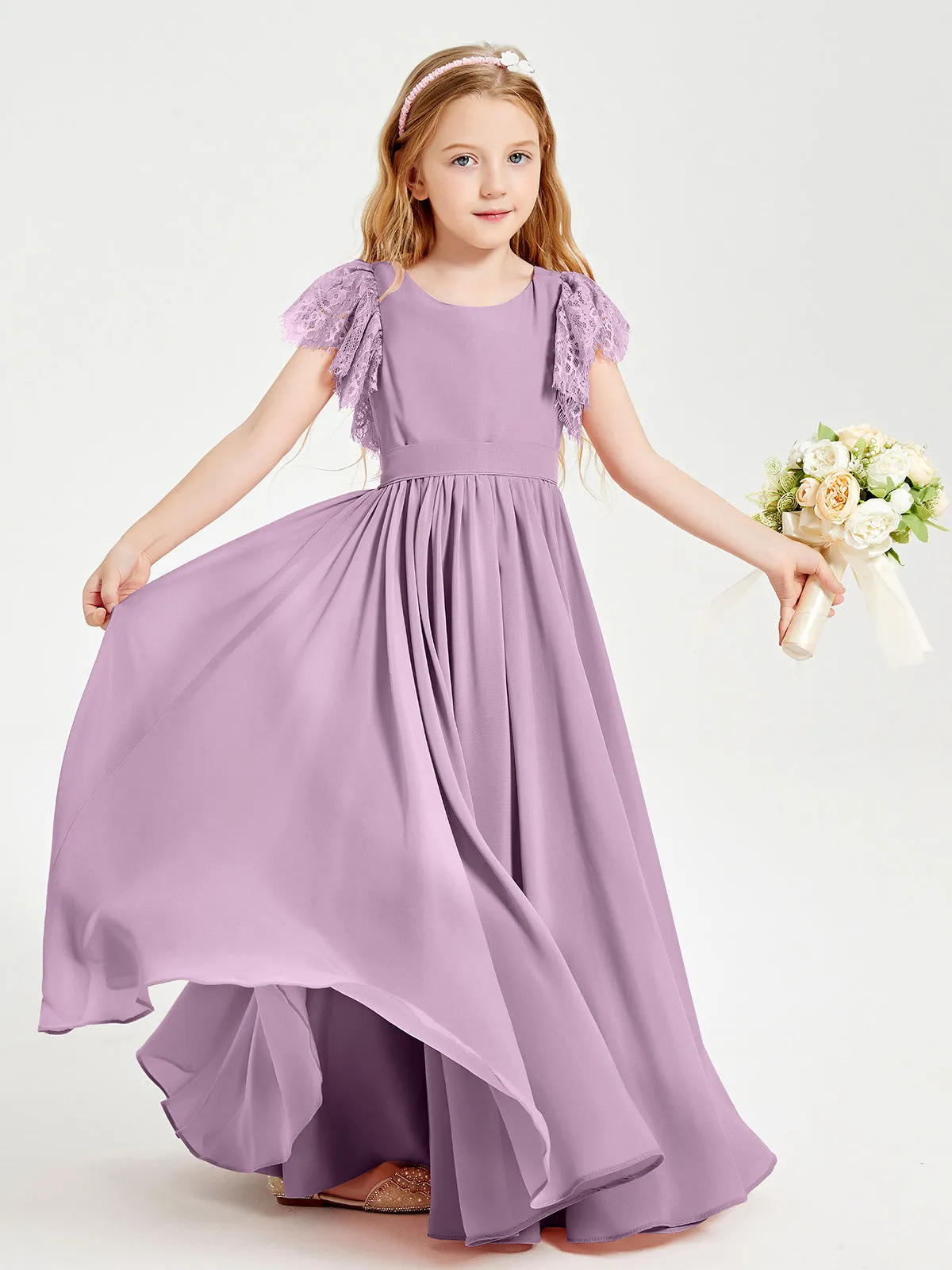 Chiffon Junior Bridesmaid Dresses Lace Flutter Sleeves Scoop Neck Wisteria