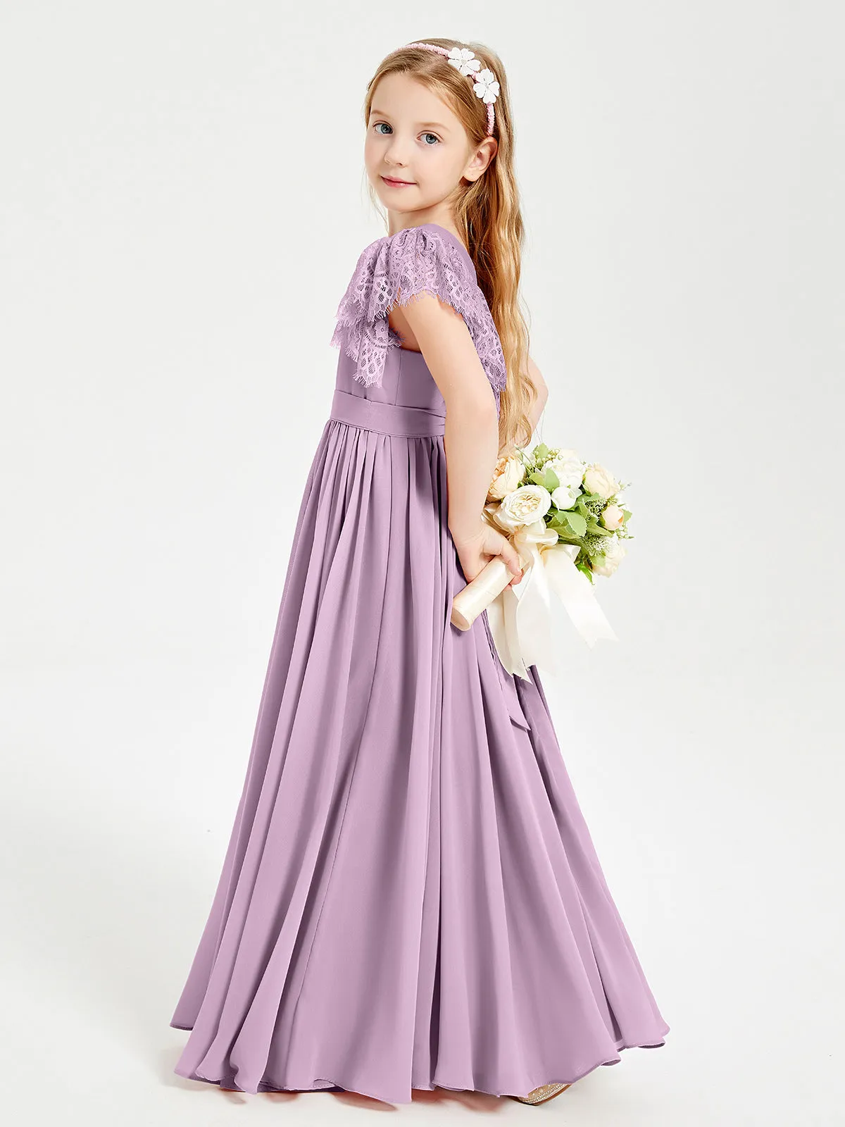 Chiffon Junior Bridesmaid Dresses Lace Flutter Sleeves Scoop Neck Wisteria