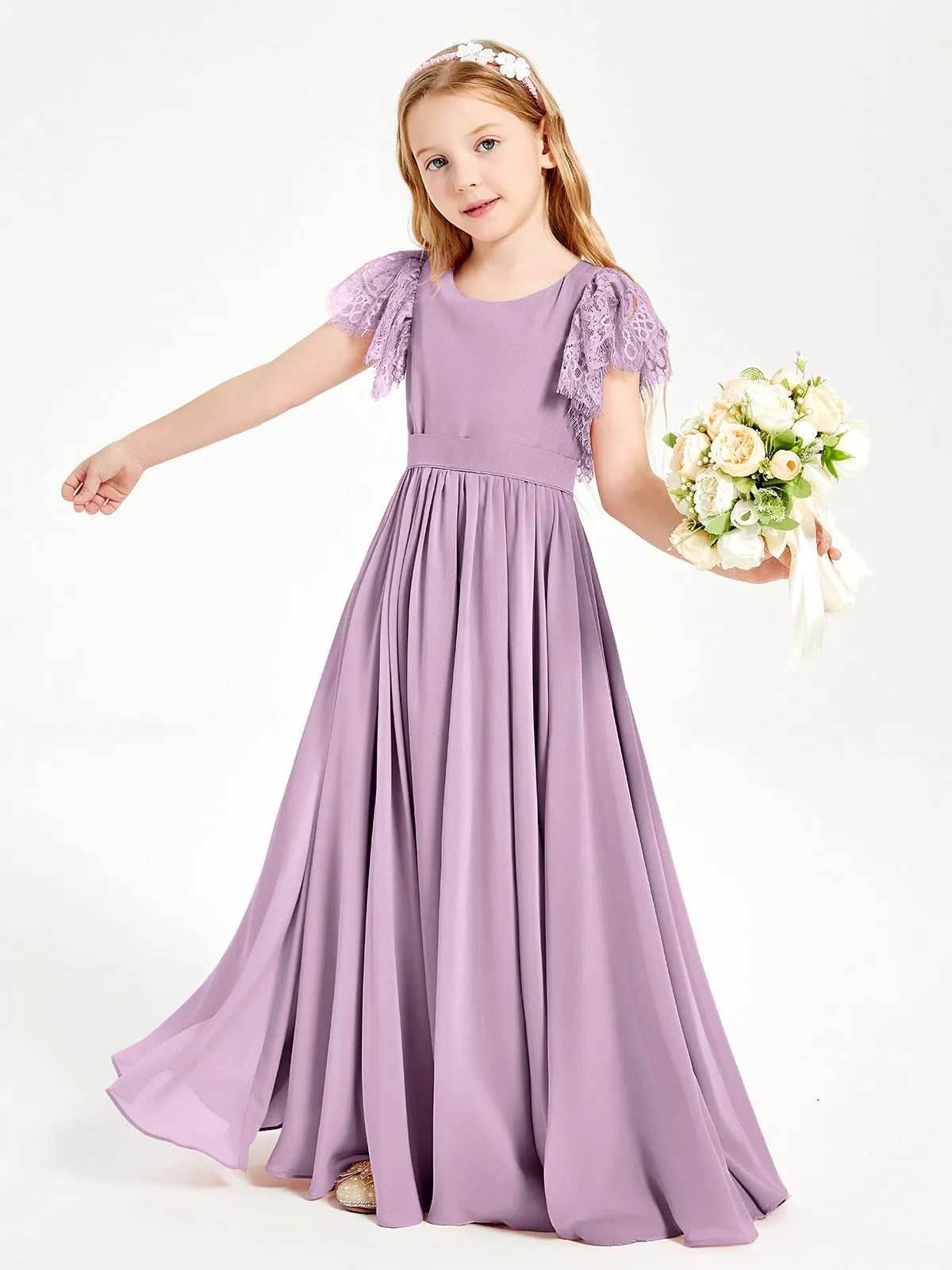 Chiffon Junior Bridesmaid Dresses Lace Flutter Sleeves Scoop Neck Wisteria