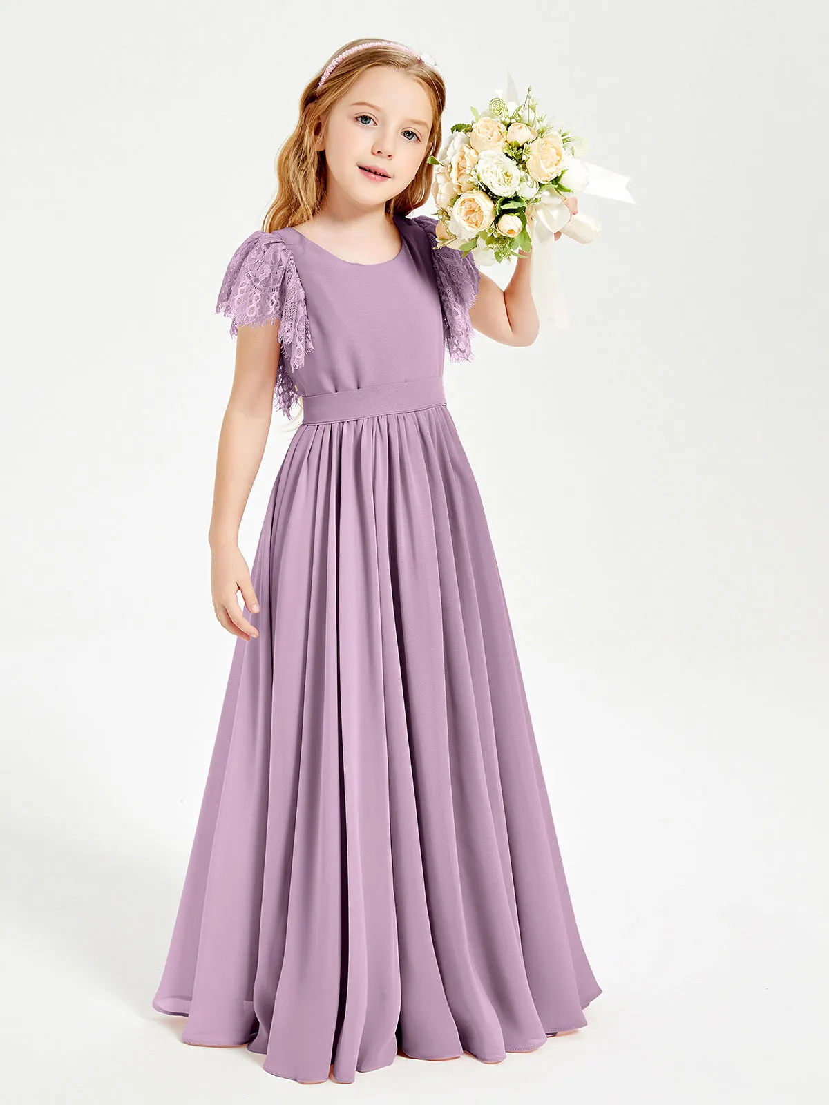 Chiffon Junior Bridesmaid Dresses Lace Flutter Sleeves Scoop Neck Wisteria