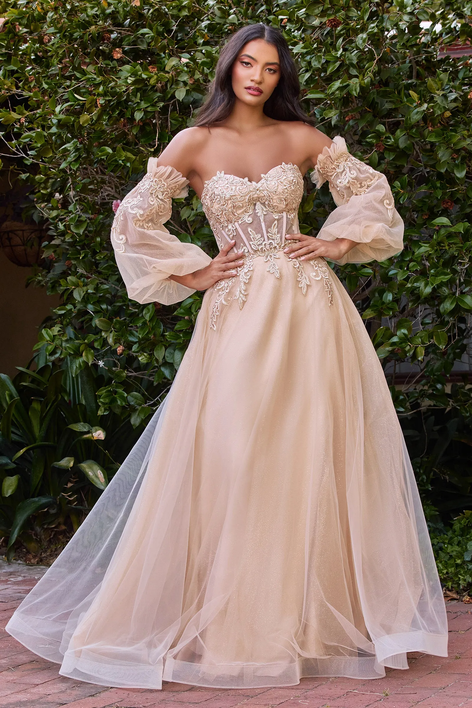 CINDERELLA DIVINE CD948 Off-Shoulder Bishop Sleeve Corset Gown