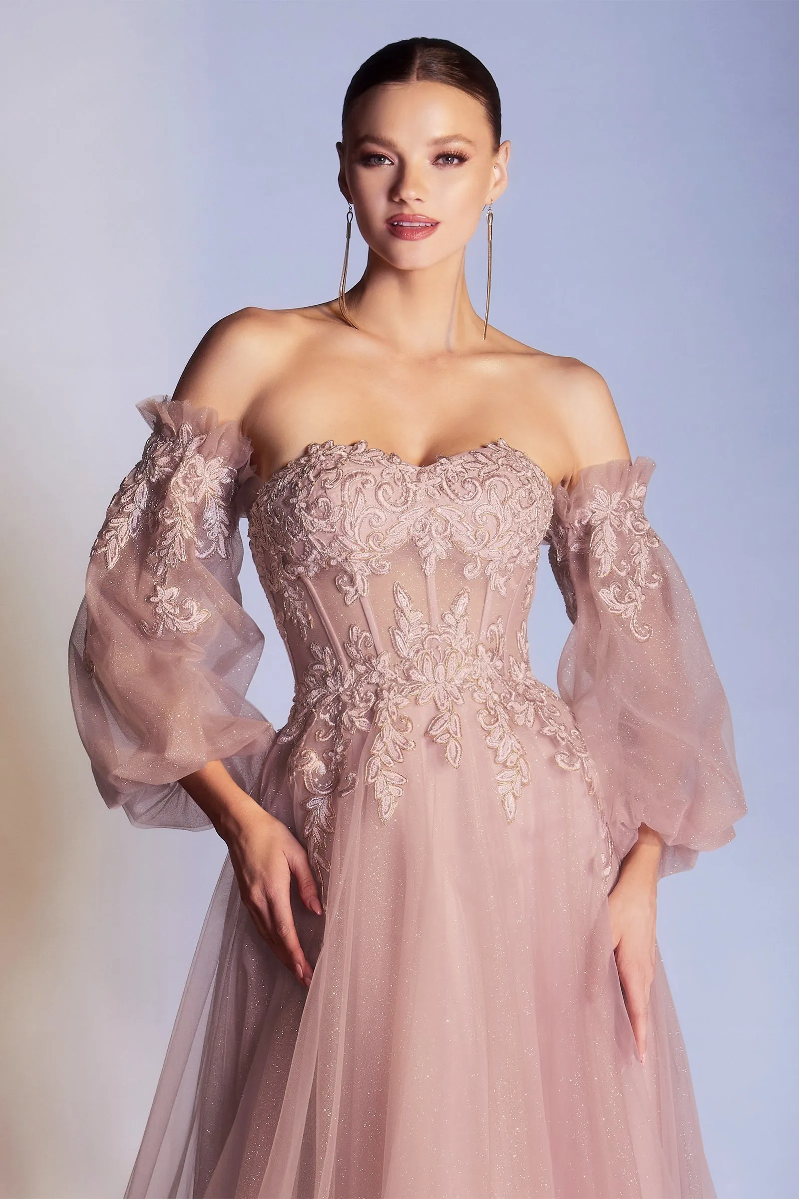 CINDERELLA DIVINE CD948 Off-Shoulder Bishop Sleeve Corset Gown