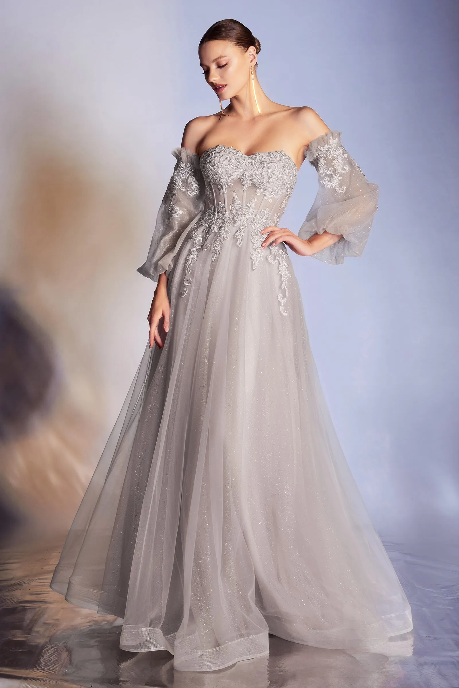 CINDERELLA DIVINE CD948 Off-Shoulder Bishop Sleeve Corset Gown