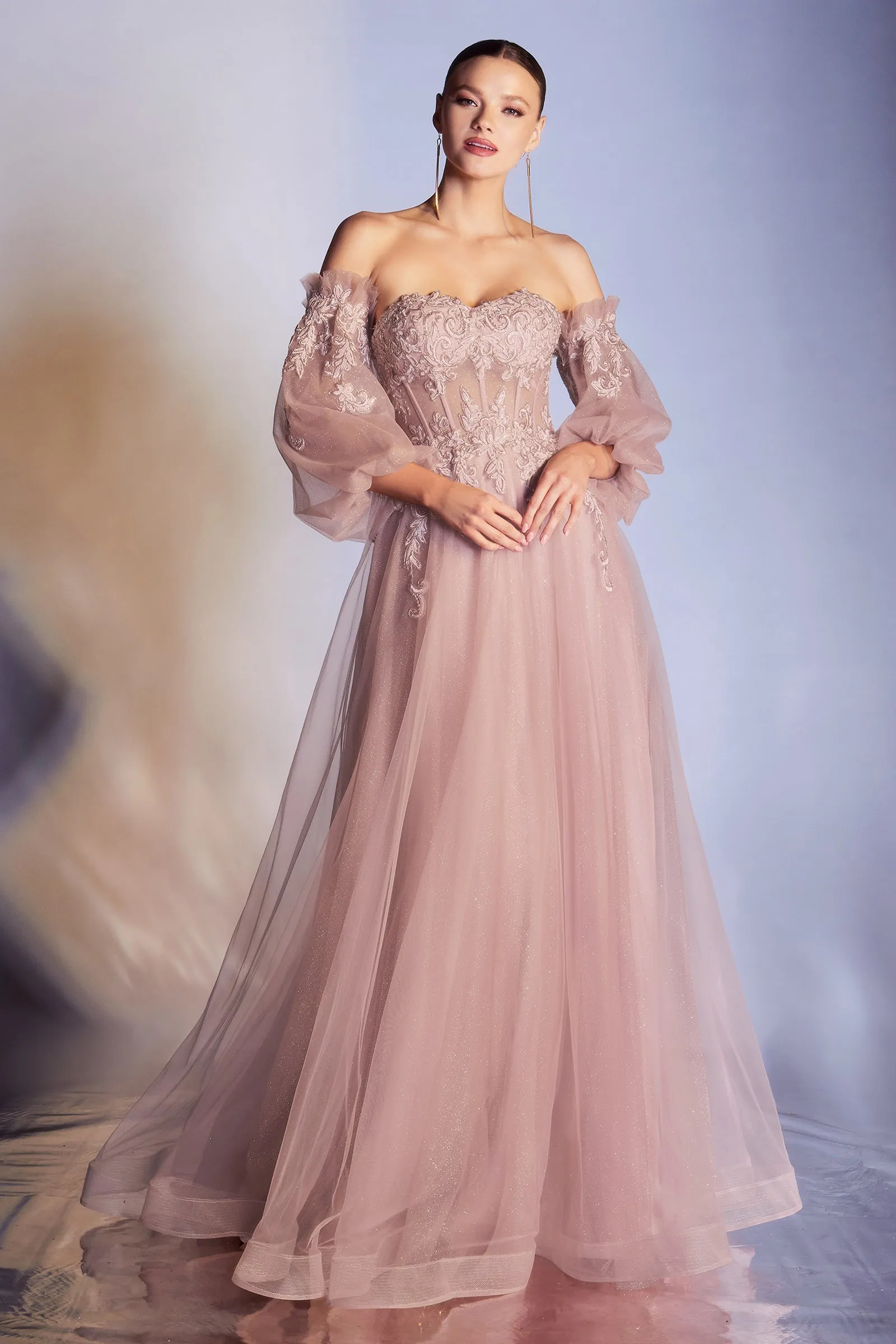 CINDERELLA DIVINE CD948 Off-Shoulder Bishop Sleeve Corset Gown