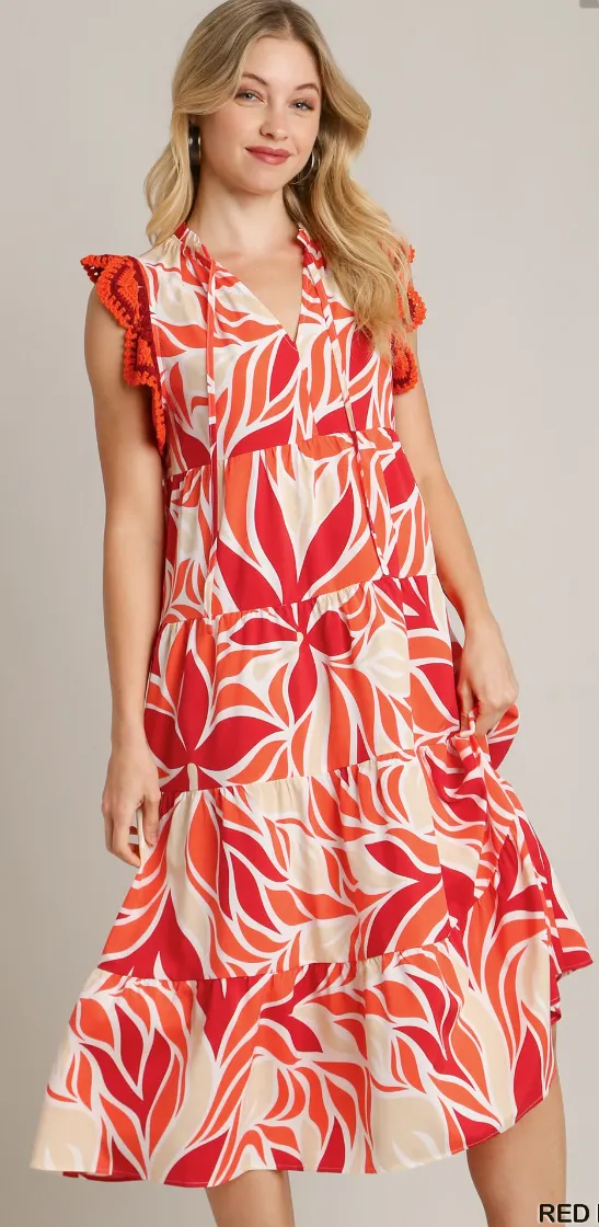 Crochet Sleeve Leaf Print Tiered Midi Dress