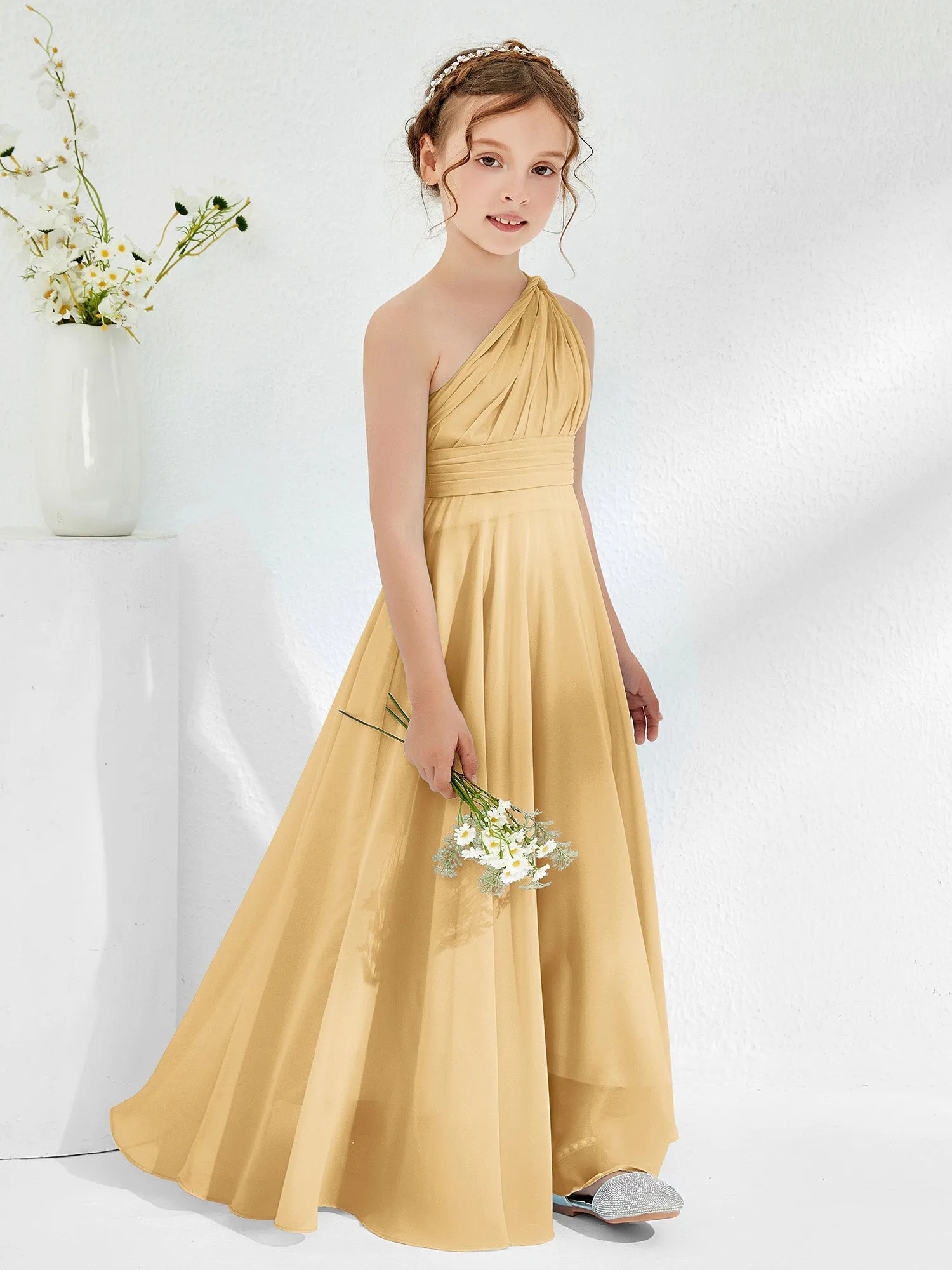 Cute One Shoulder  A-line Junior Bridesmaid Dresses Gold