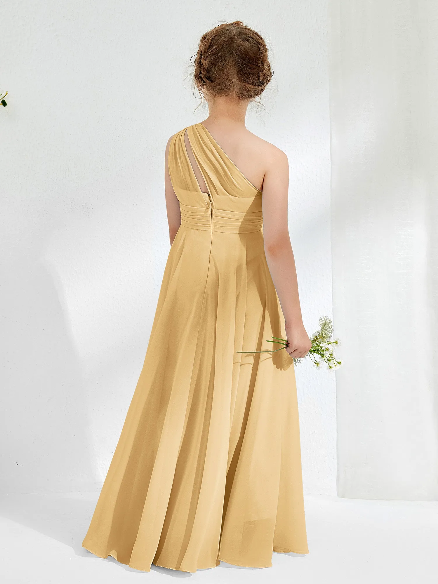 Cute One Shoulder  A-line Junior Bridesmaid Dresses Gold