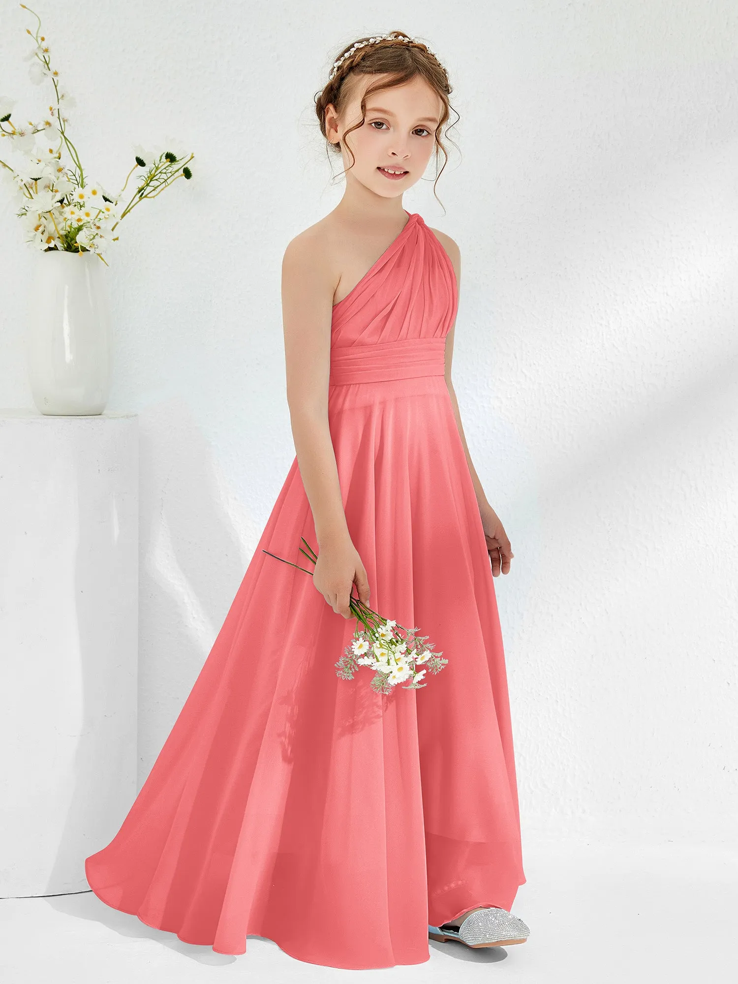 Cute One Shoulder  A-line Junior Bridesmaid Dresses Watermelon