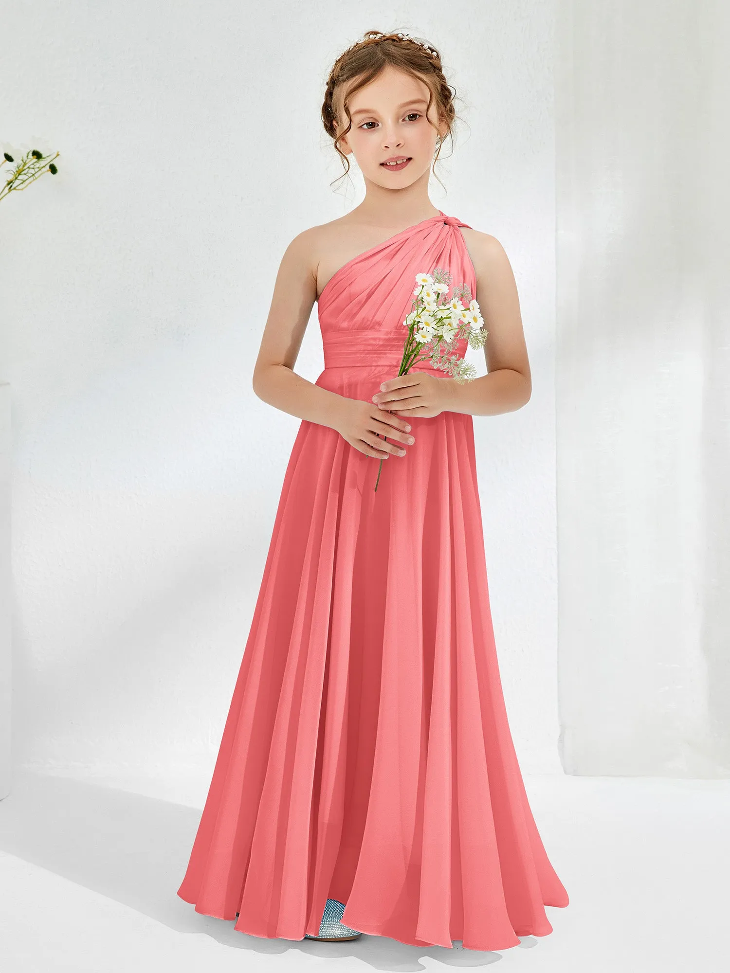 Cute One Shoulder  A-line Junior Bridesmaid Dresses Watermelon