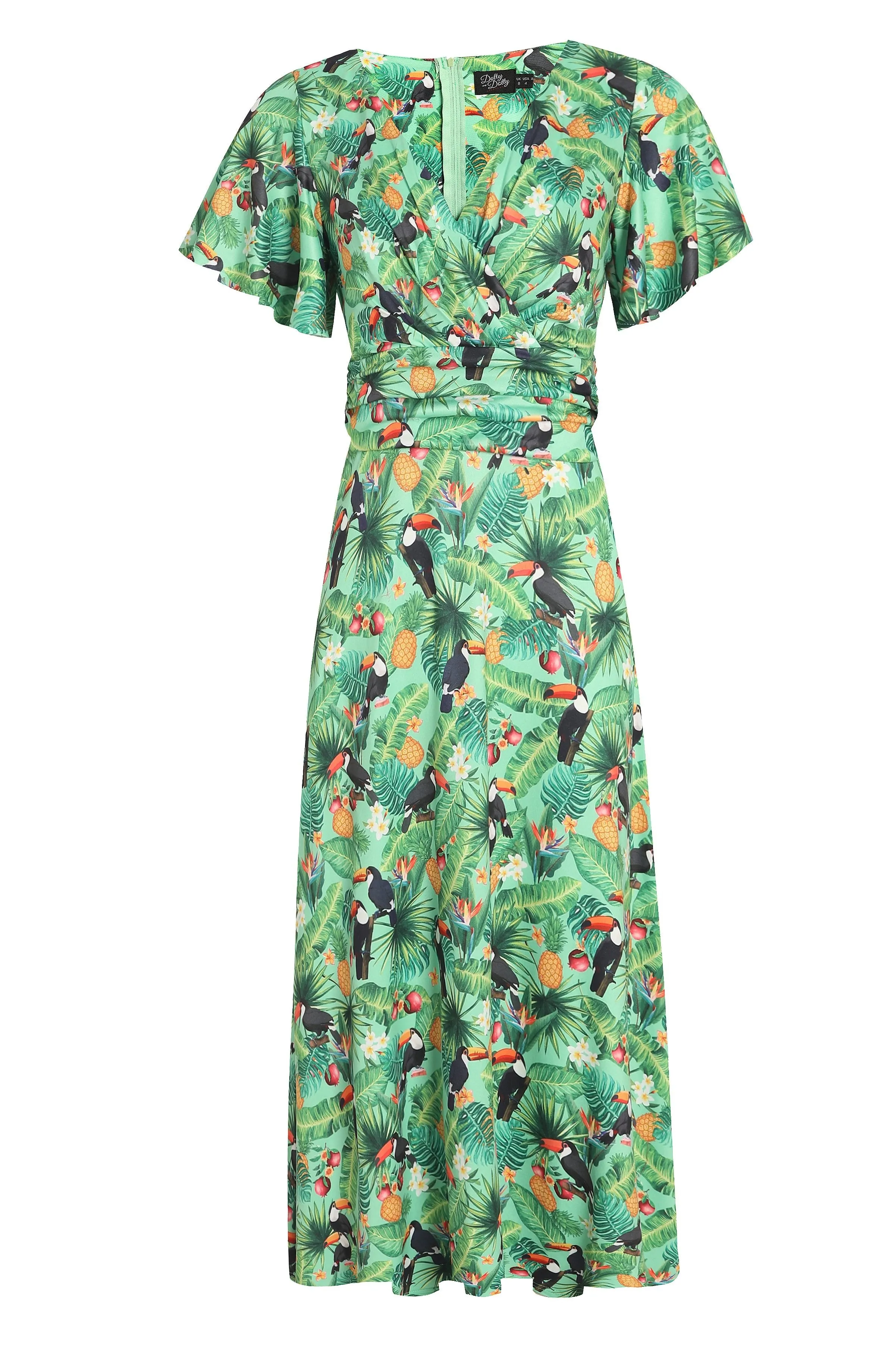 Donna Crossover Bust Green Tropical Toucan Dress