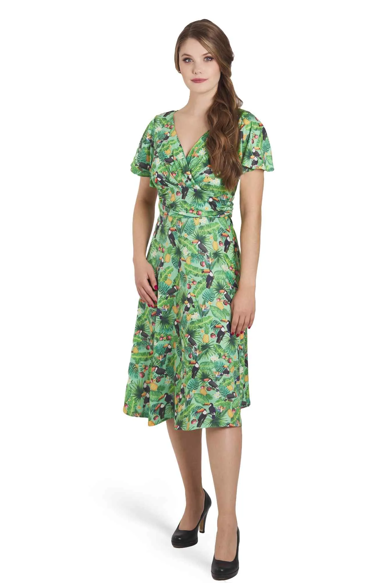 Donna Crossover Bust Green Tropical Toucan Dress