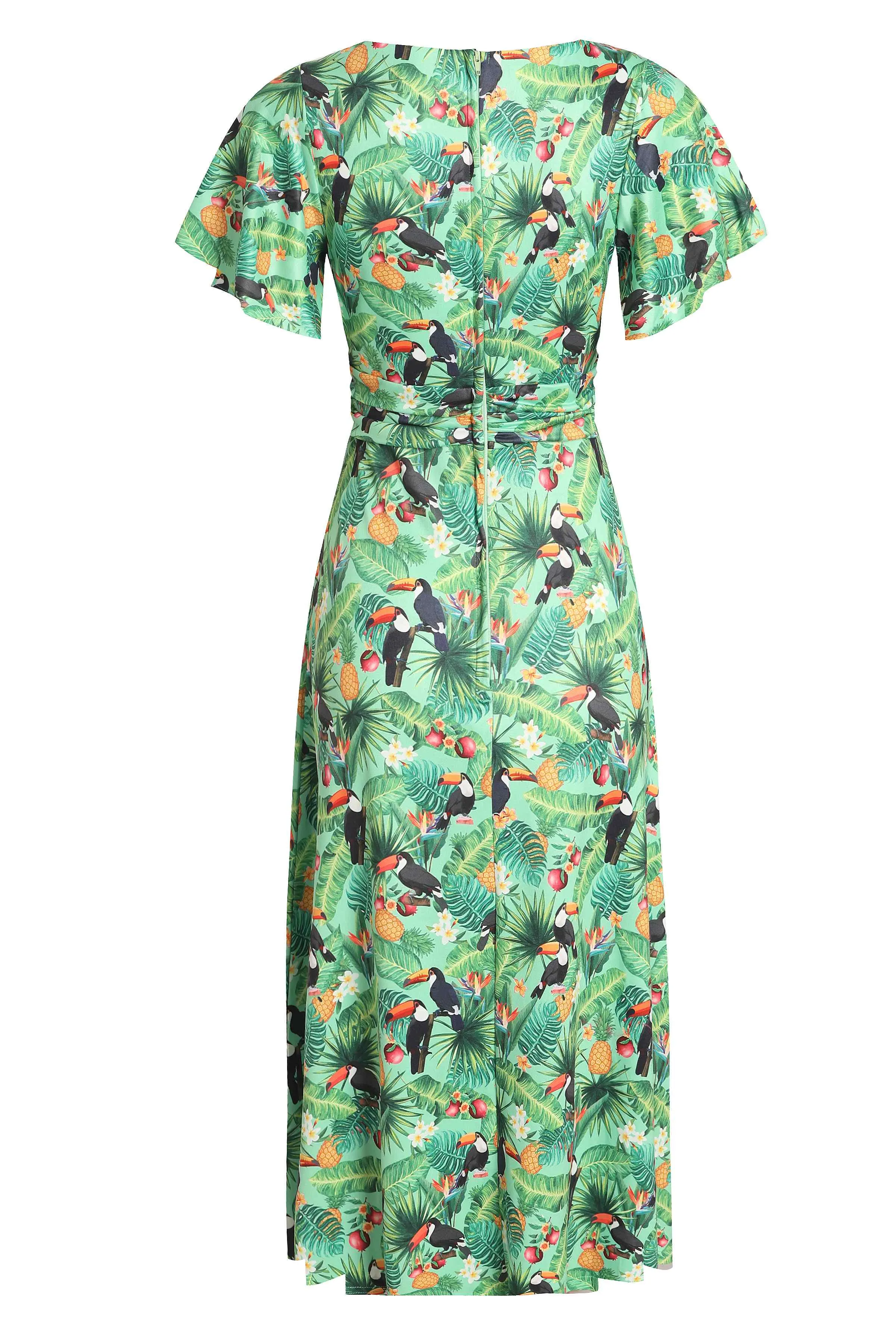 Donna Crossover Bust Green Tropical Toucan Dress