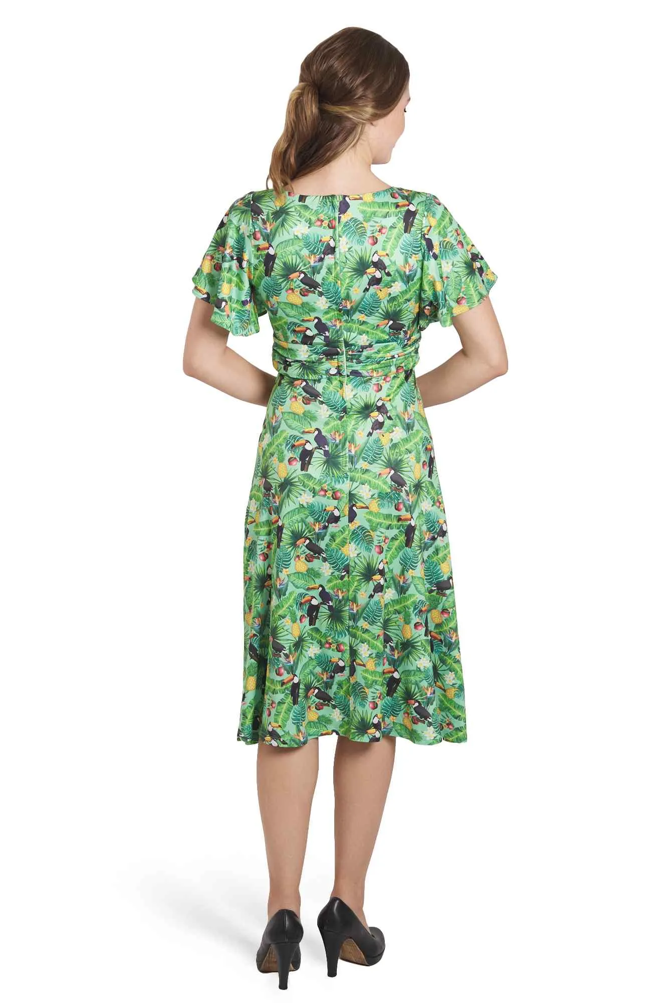 Donna Crossover Bust Green Tropical Toucan Dress