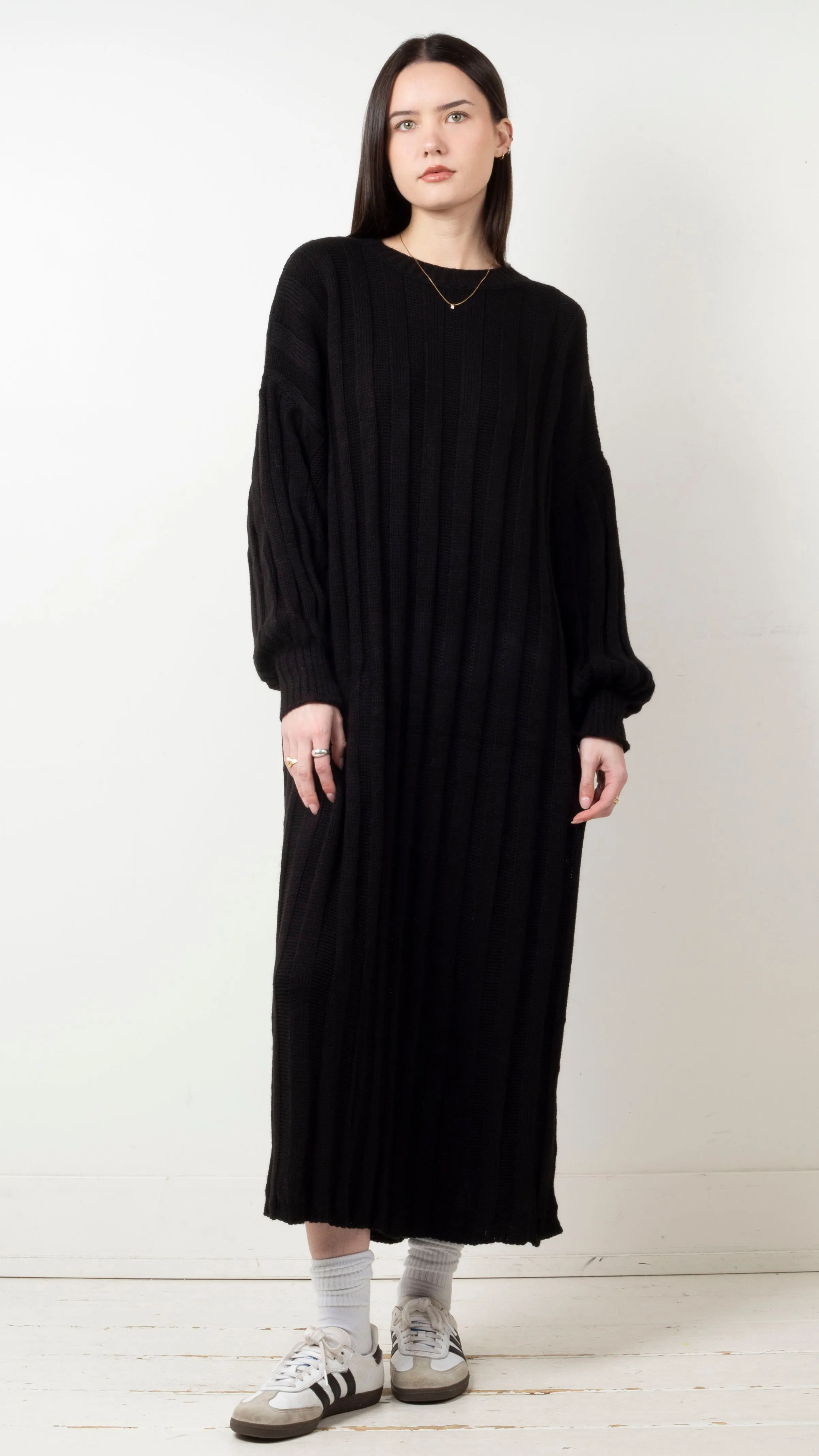 Elle Wide Ribbed Knit Maxi Dress - Black