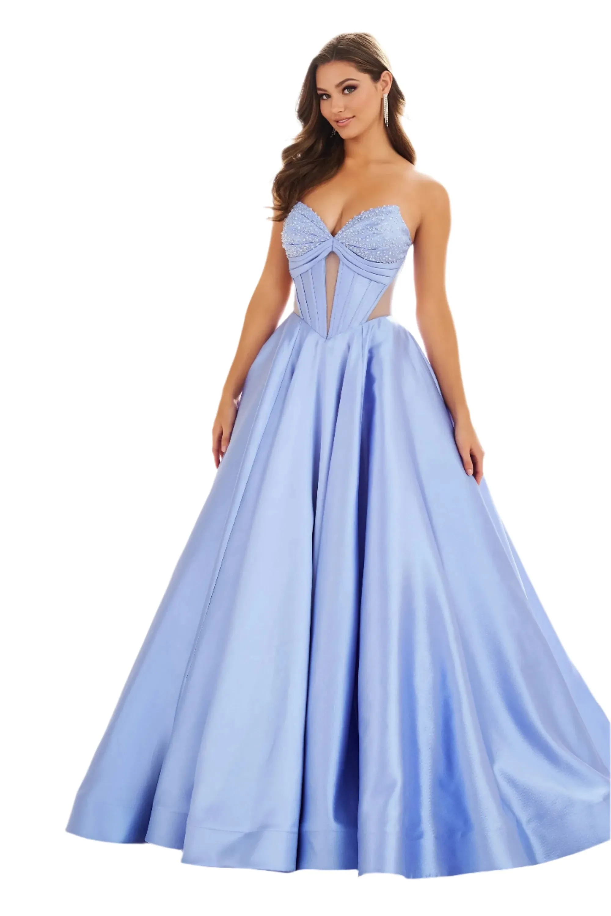 Ellie Wilde EW36025 A Line Sheer Ballgown Prom Dress Pageant Pockets Cut Out Gown Corset