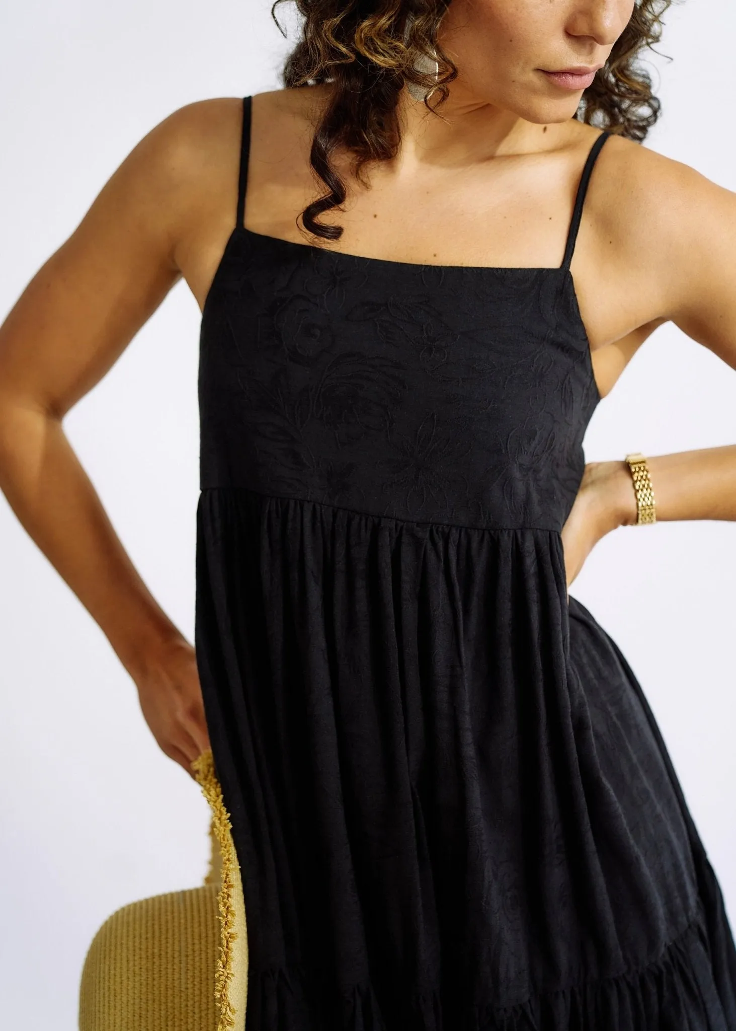 Embroidered Cotton Maxi Dress in Black