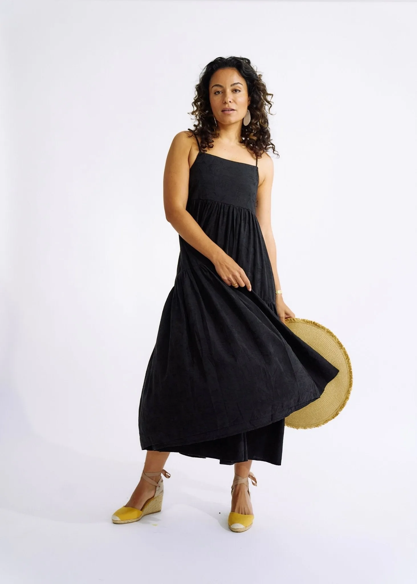 Embroidered Cotton Maxi Dress in Black