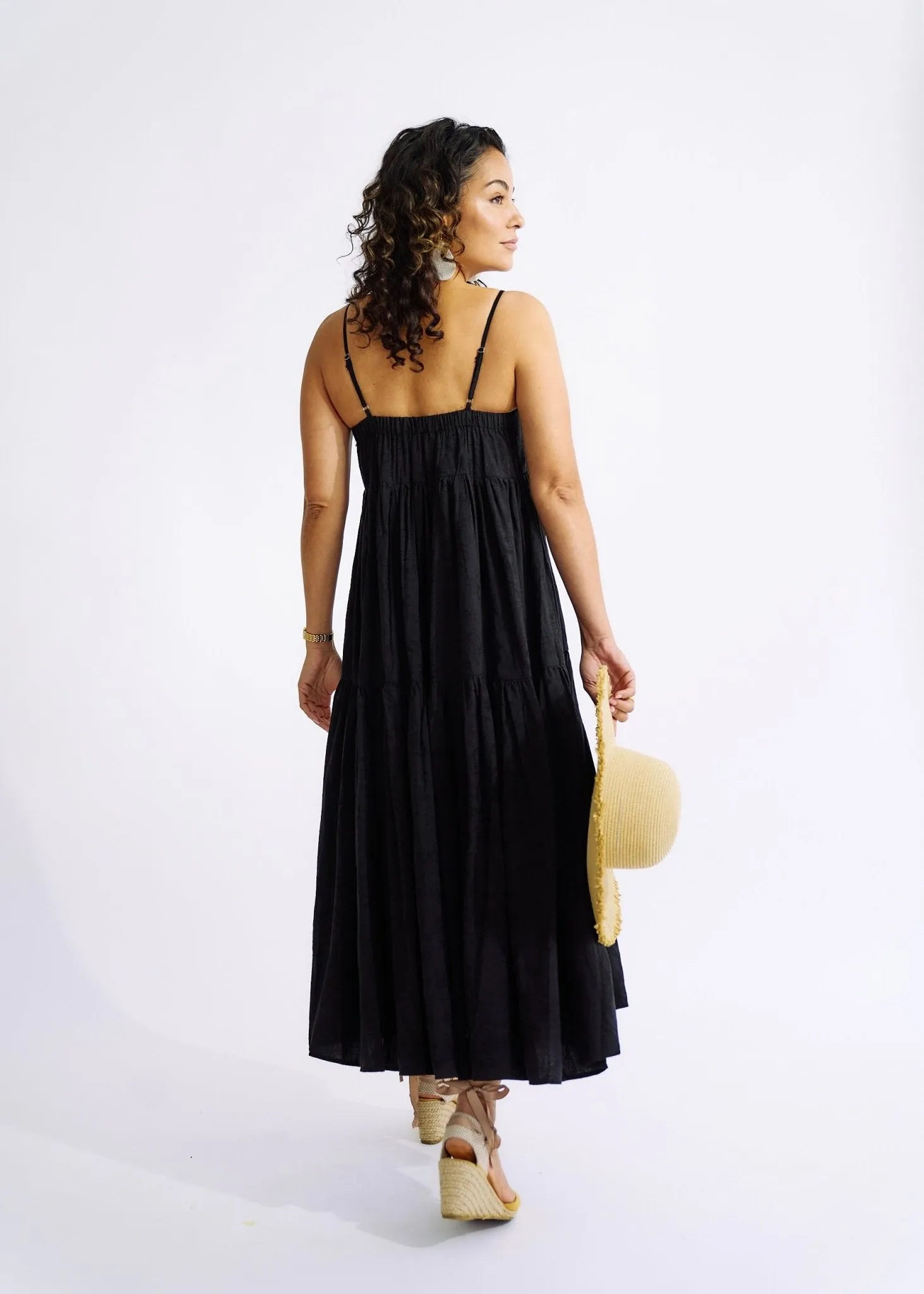 Embroidered Cotton Maxi Dress in Black