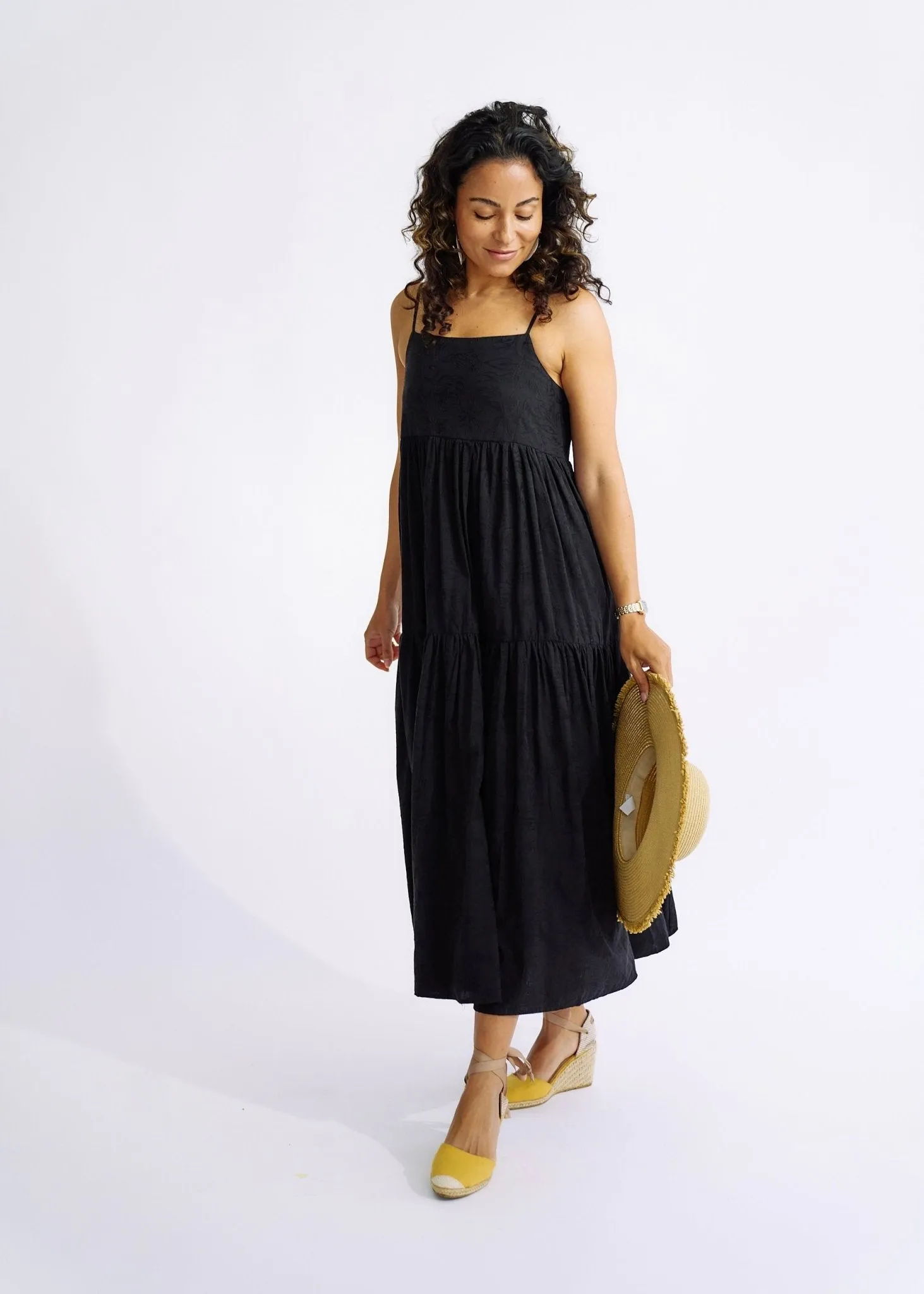 Embroidered Cotton Maxi Dress in Black