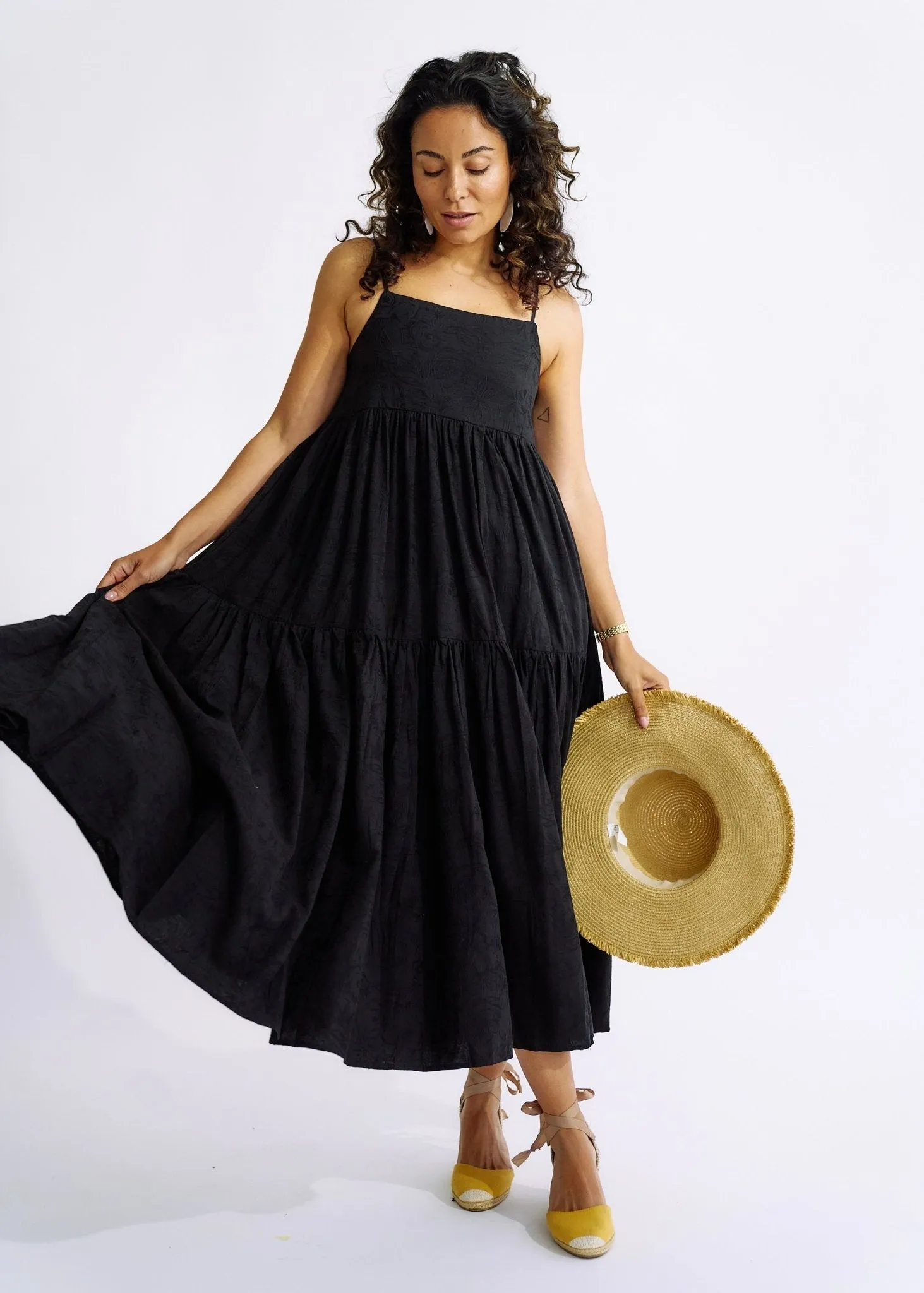 Embroidered Cotton Maxi Dress in Black