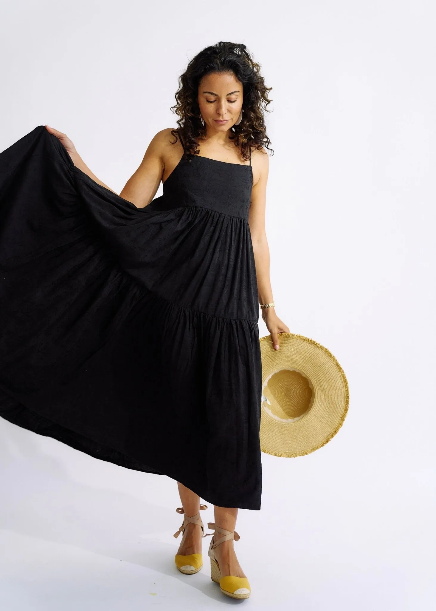 Embroidered Cotton Maxi Dress in Black