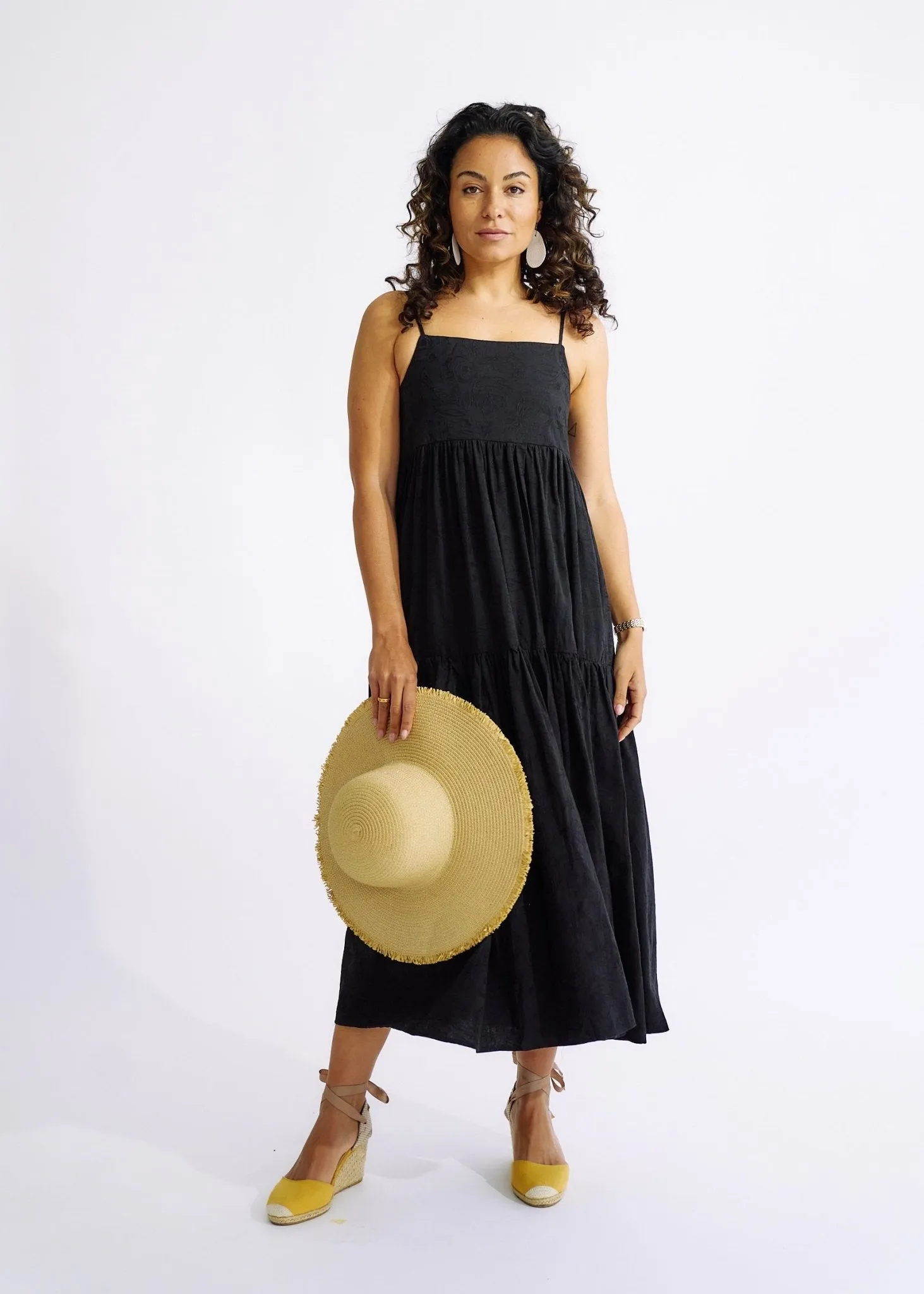 Embroidered Cotton Maxi Dress in Black