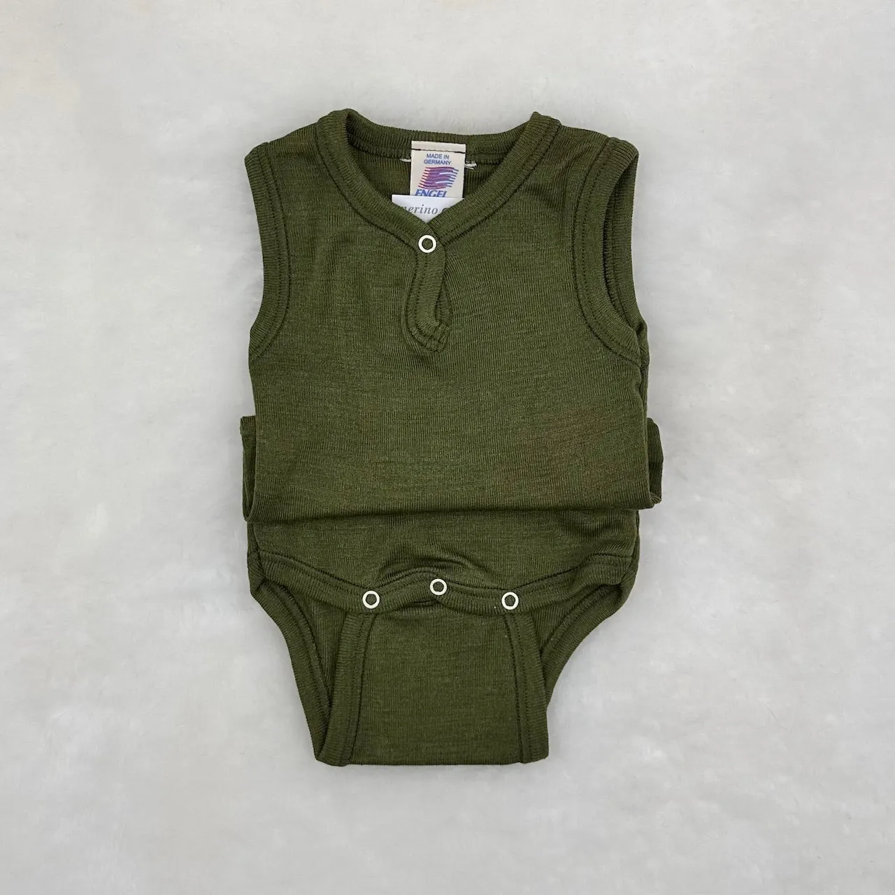 ENGEL Sleeveless Snap-Bottom Romper in Organic Wool/Silk for Baby/Toddler - color MOSS