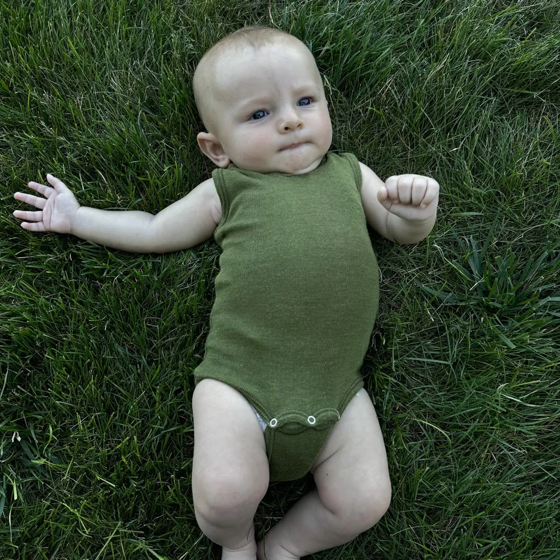 ENGEL Sleeveless Snap-Bottom Romper in Organic Wool/Silk for Baby/Toddler - color MOSS