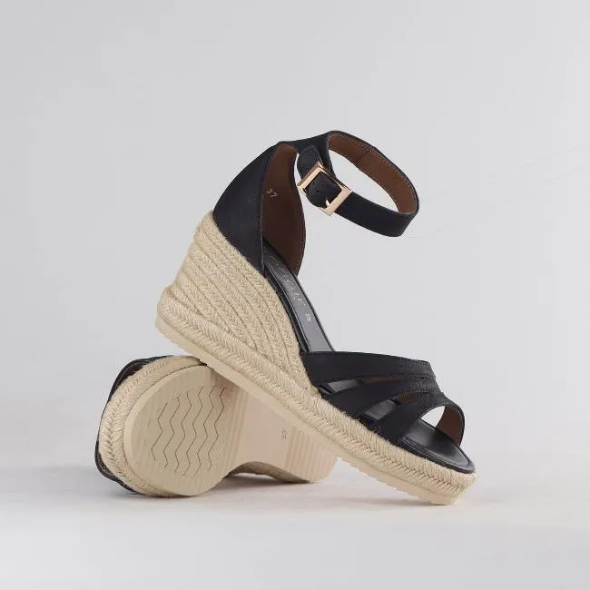 Espadrille Ankle Strap Wedge Sandal in Black - 12682