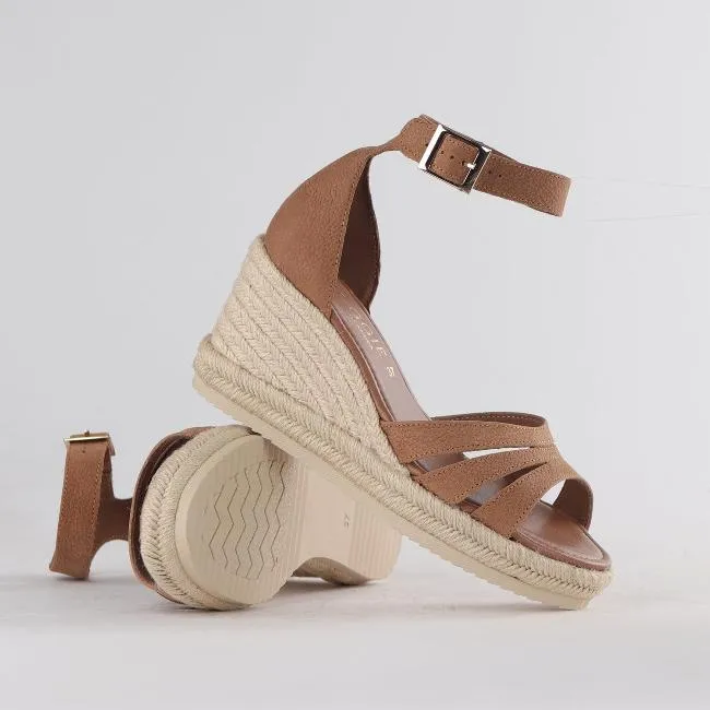 Espadrille Ankle Strap Wedge Sandal in Tabacco - 12682