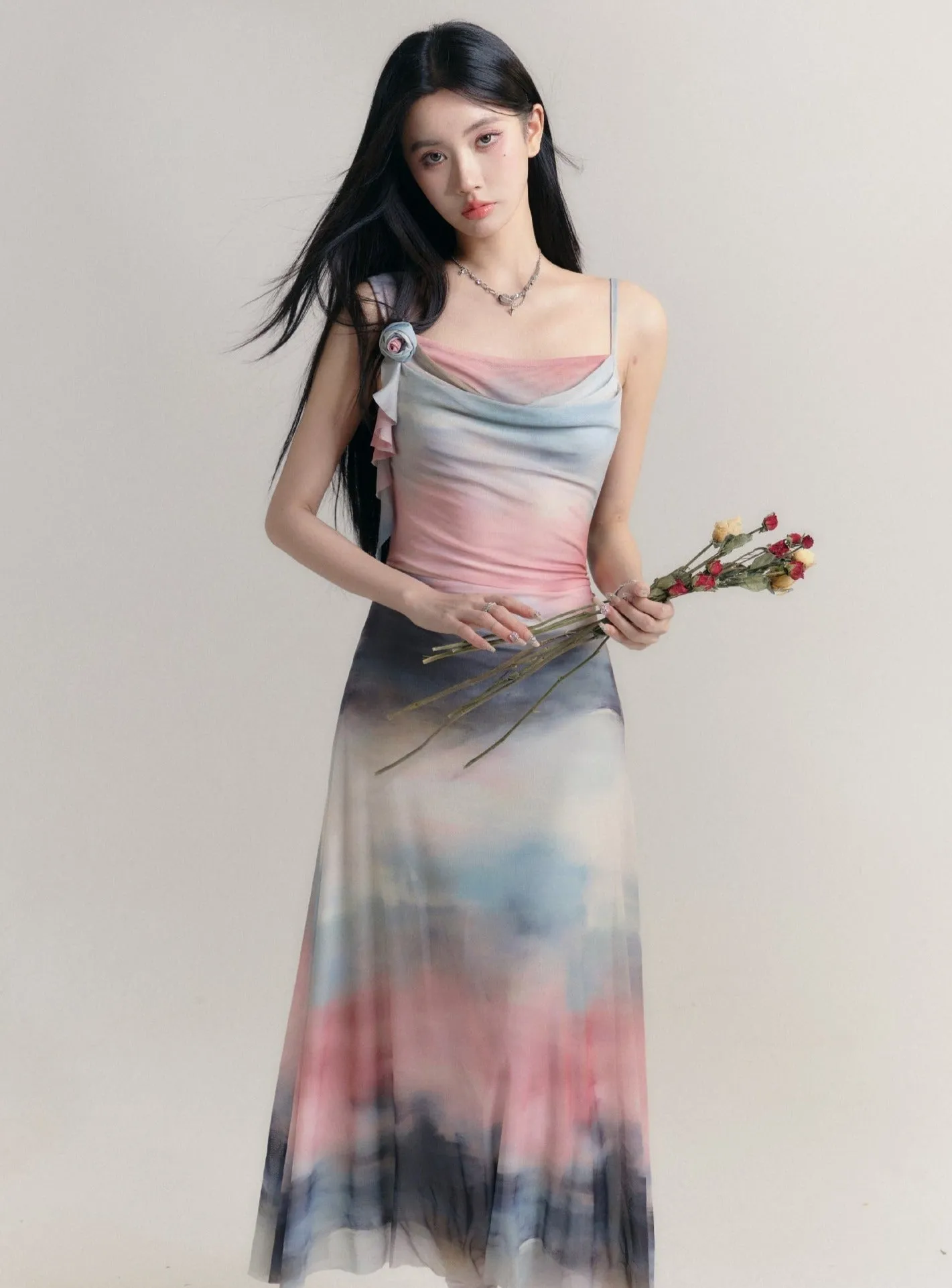 Ethereal Watercolor Maxi Dress: Asymmetric Cowl Neck Ombre Gown in Pastel Hues