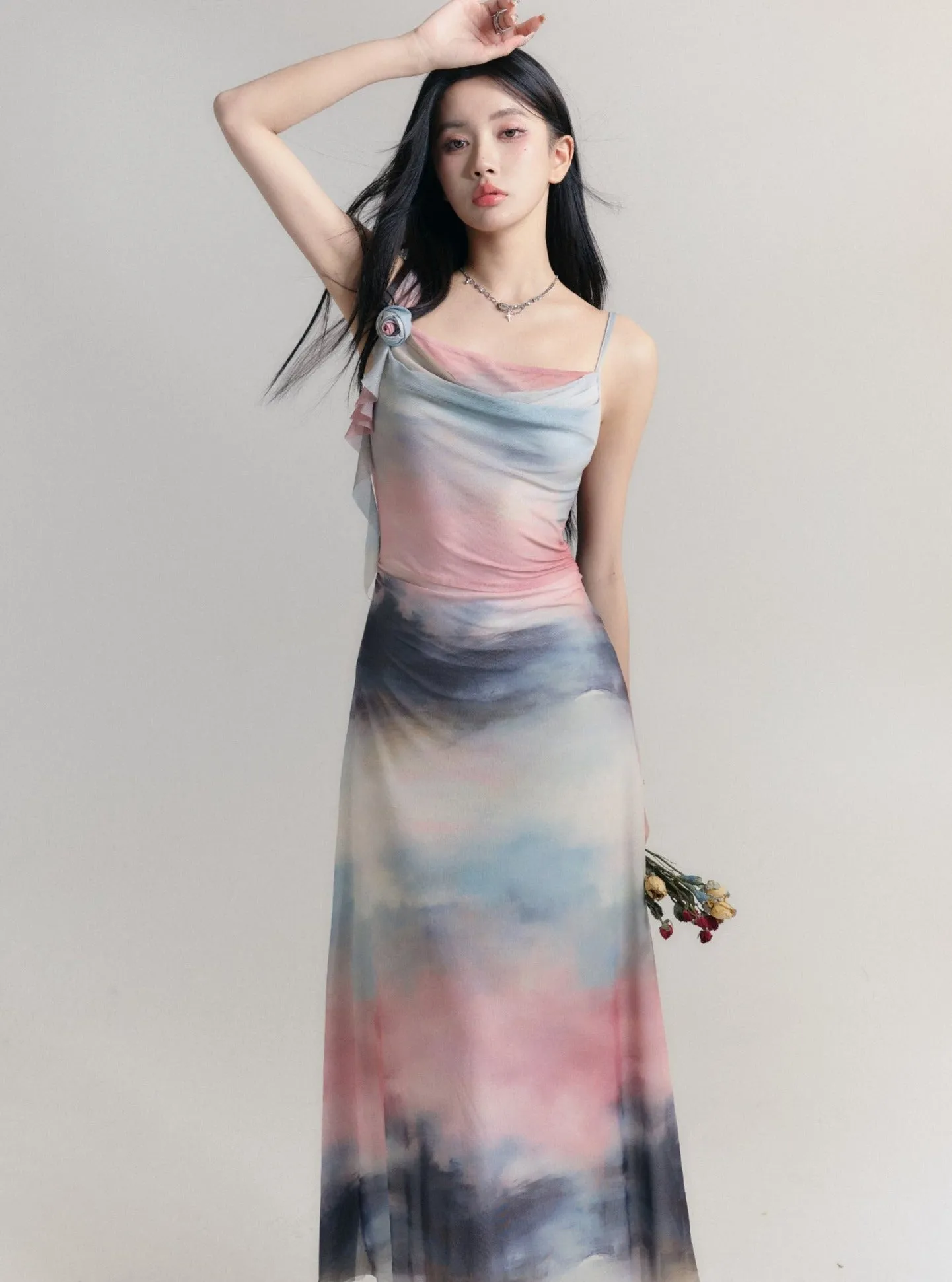 Ethereal Watercolor Maxi Dress: Asymmetric Cowl Neck Ombre Gown in Pastel Hues