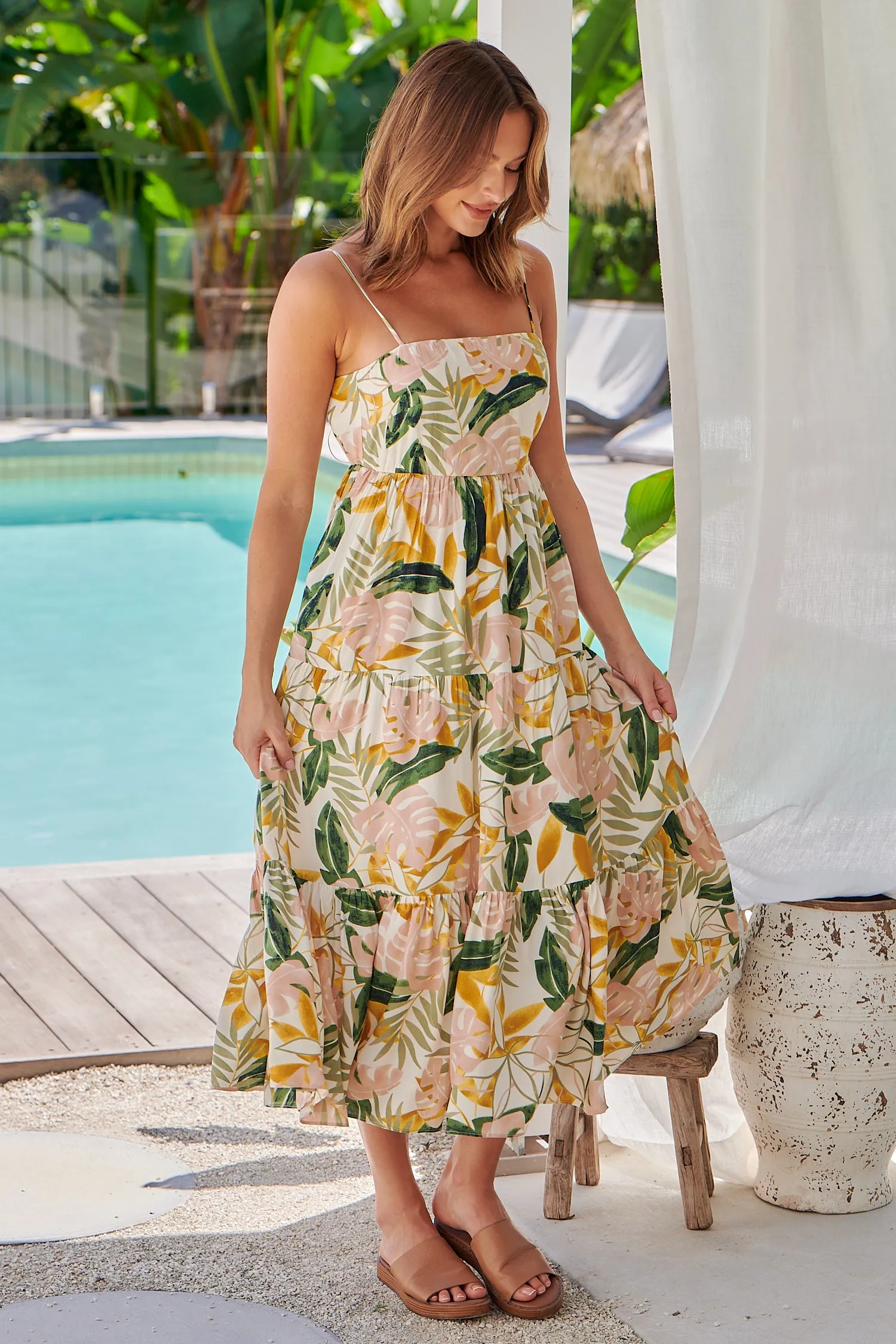 Faye Mustard/Pink/Green Leaf Print Open Back Tiered Dress