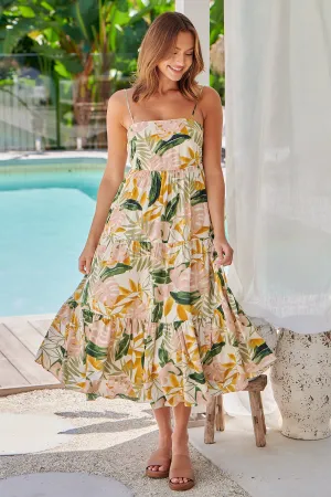 Faye Mustard/Pink/Green Leaf Print Open Back Tiered Dress