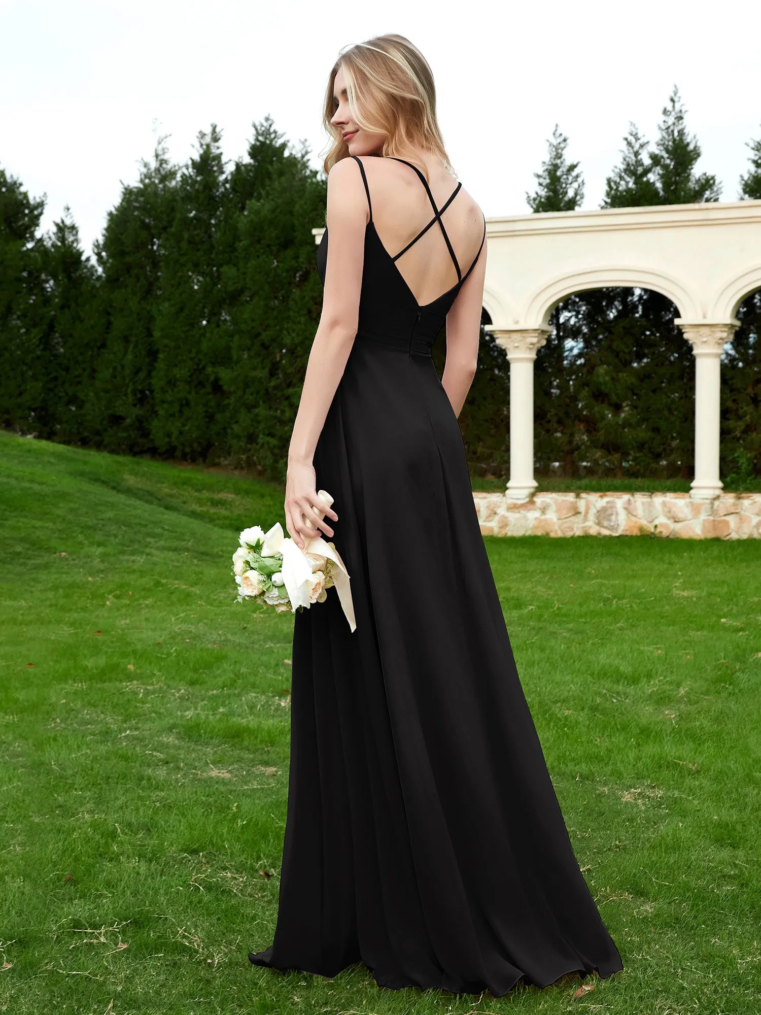 Floor Length V Neck Chiffon Bridesmaid Gown Black Plus Size