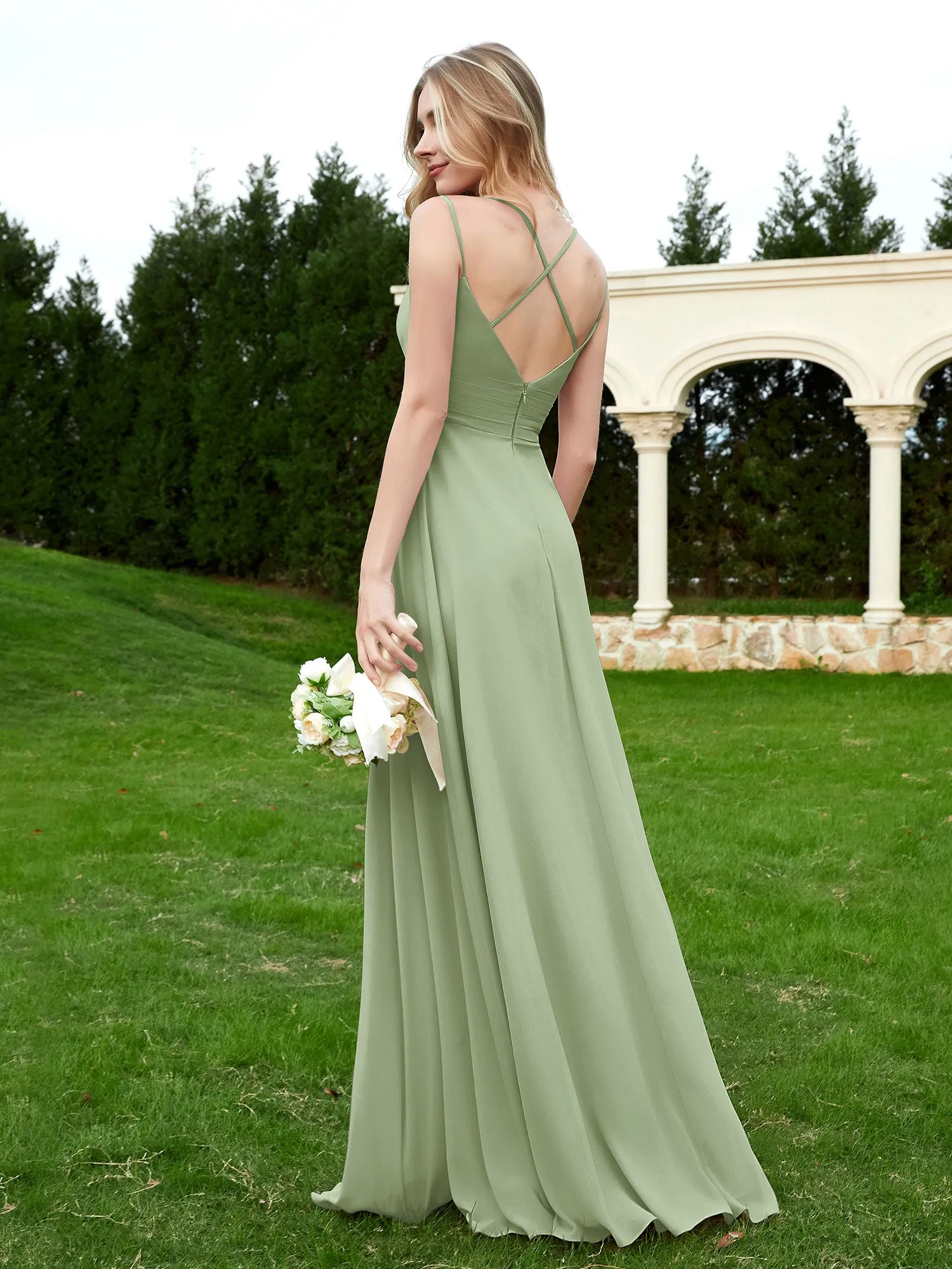 Floor Length V Neck Chiffon Bridesmaid Gown Dusty Sage Plus Size