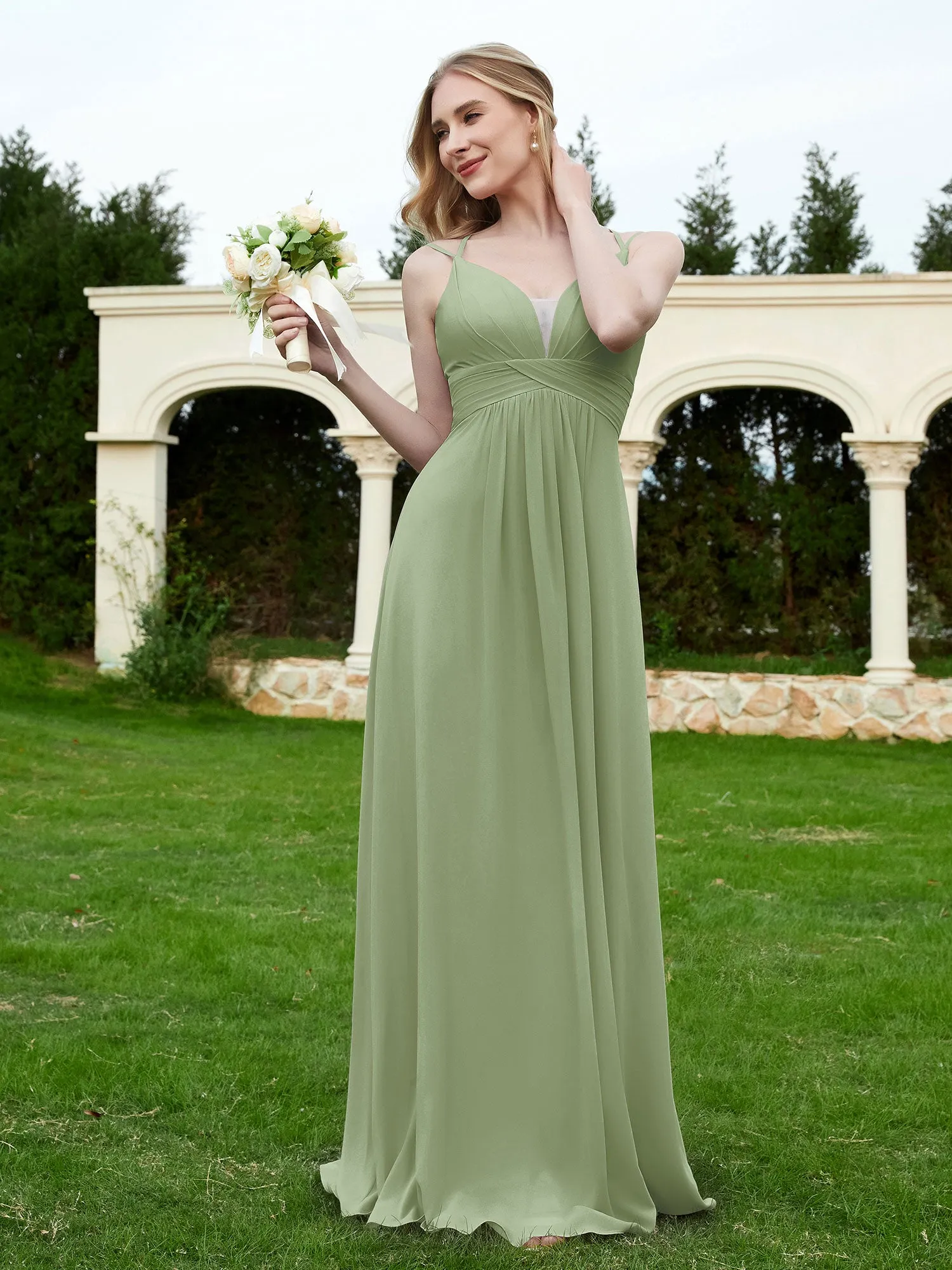 Floor Length V Neck Chiffon Bridesmaid Gown Dusty Sage Plus Size