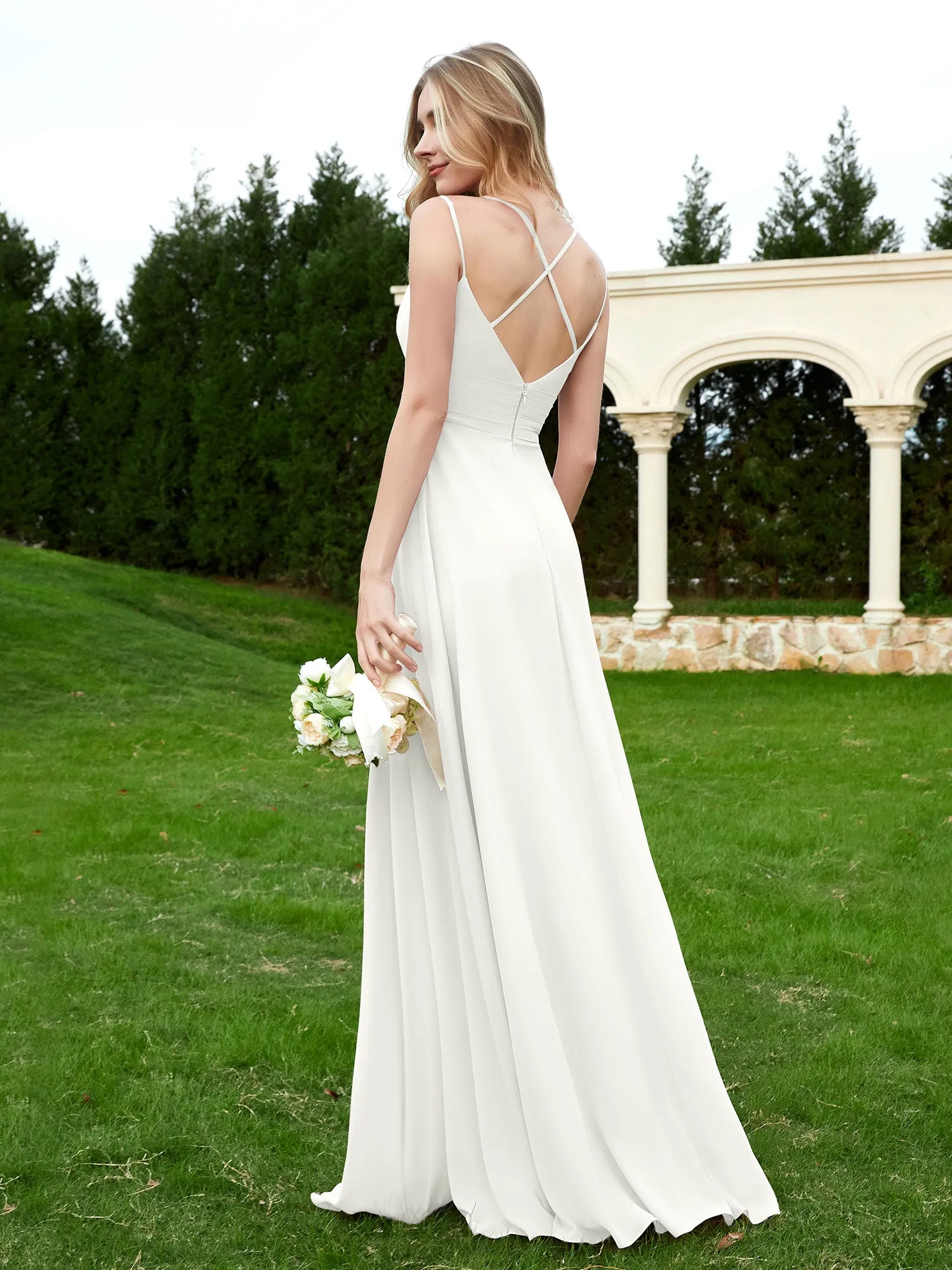 Floor Length V Neck Chiffon Bridesmaid Gown Ivory