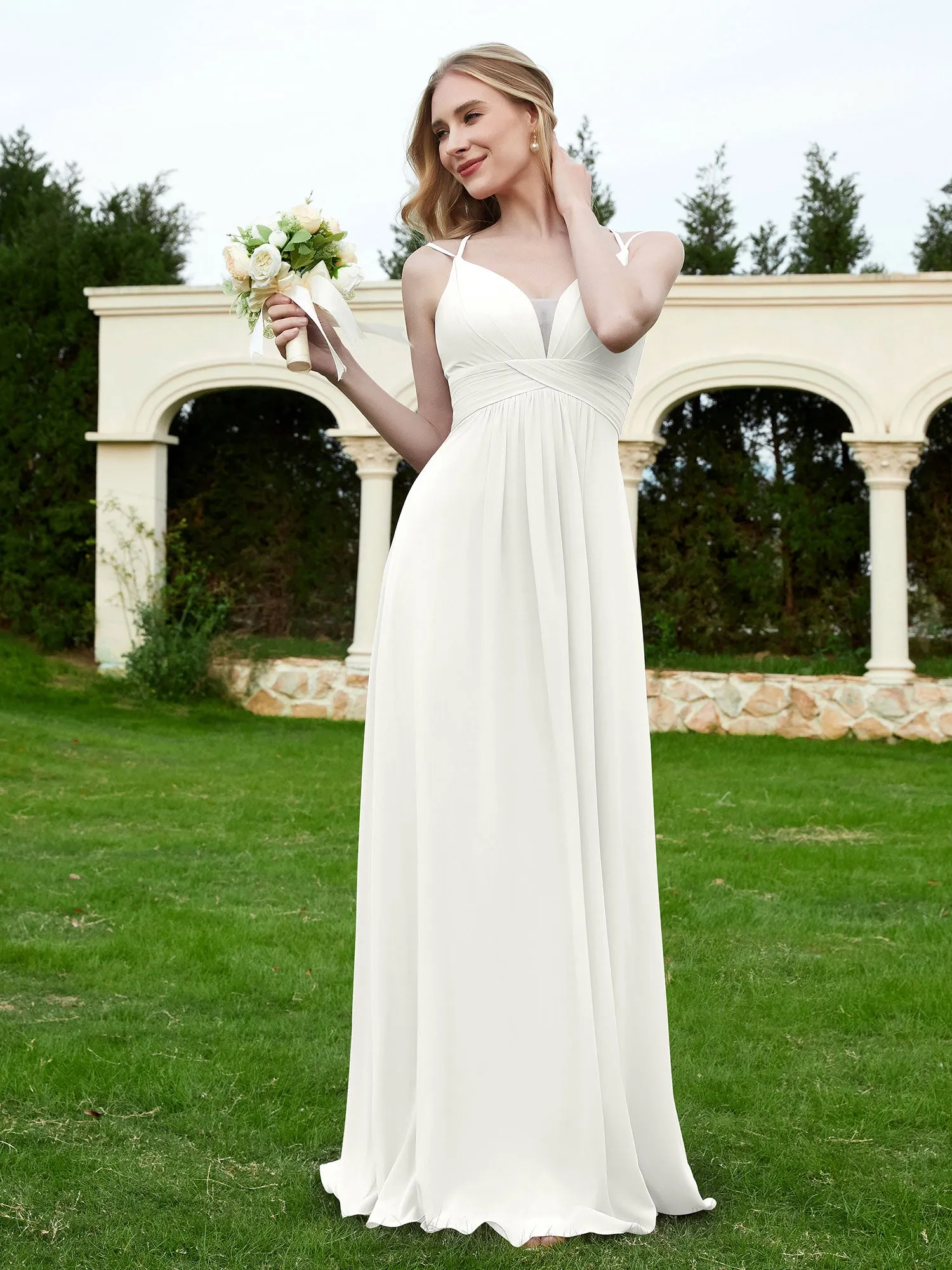 Floor Length V Neck Chiffon Bridesmaid Gown Ivory