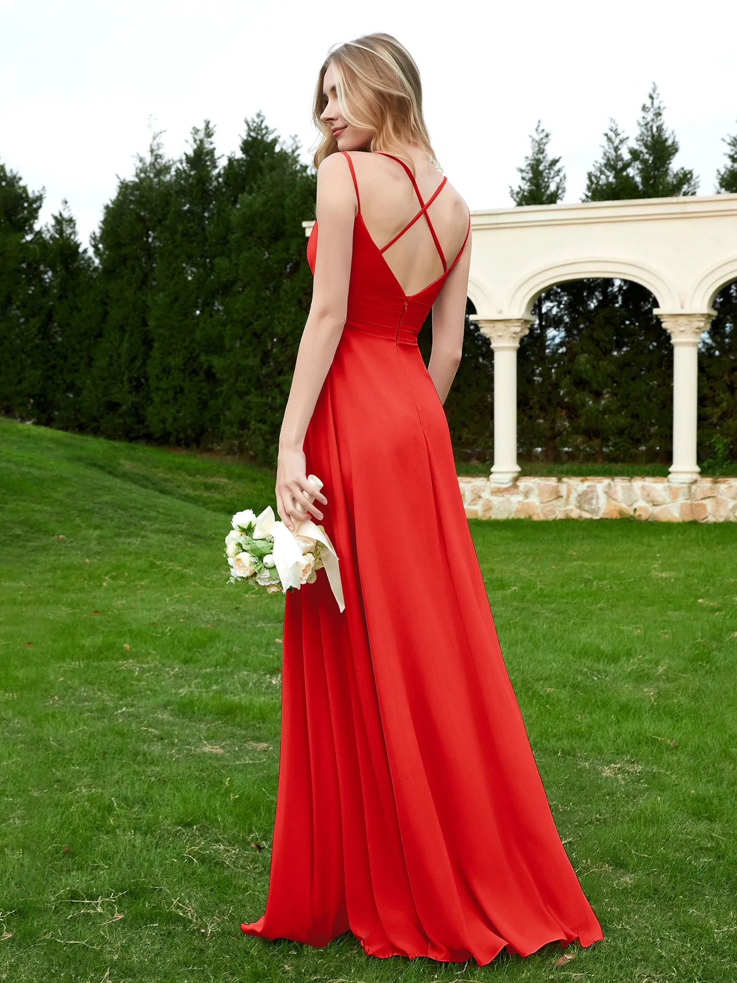 Floor Length V Neck Chiffon Bridesmaid Gown Red