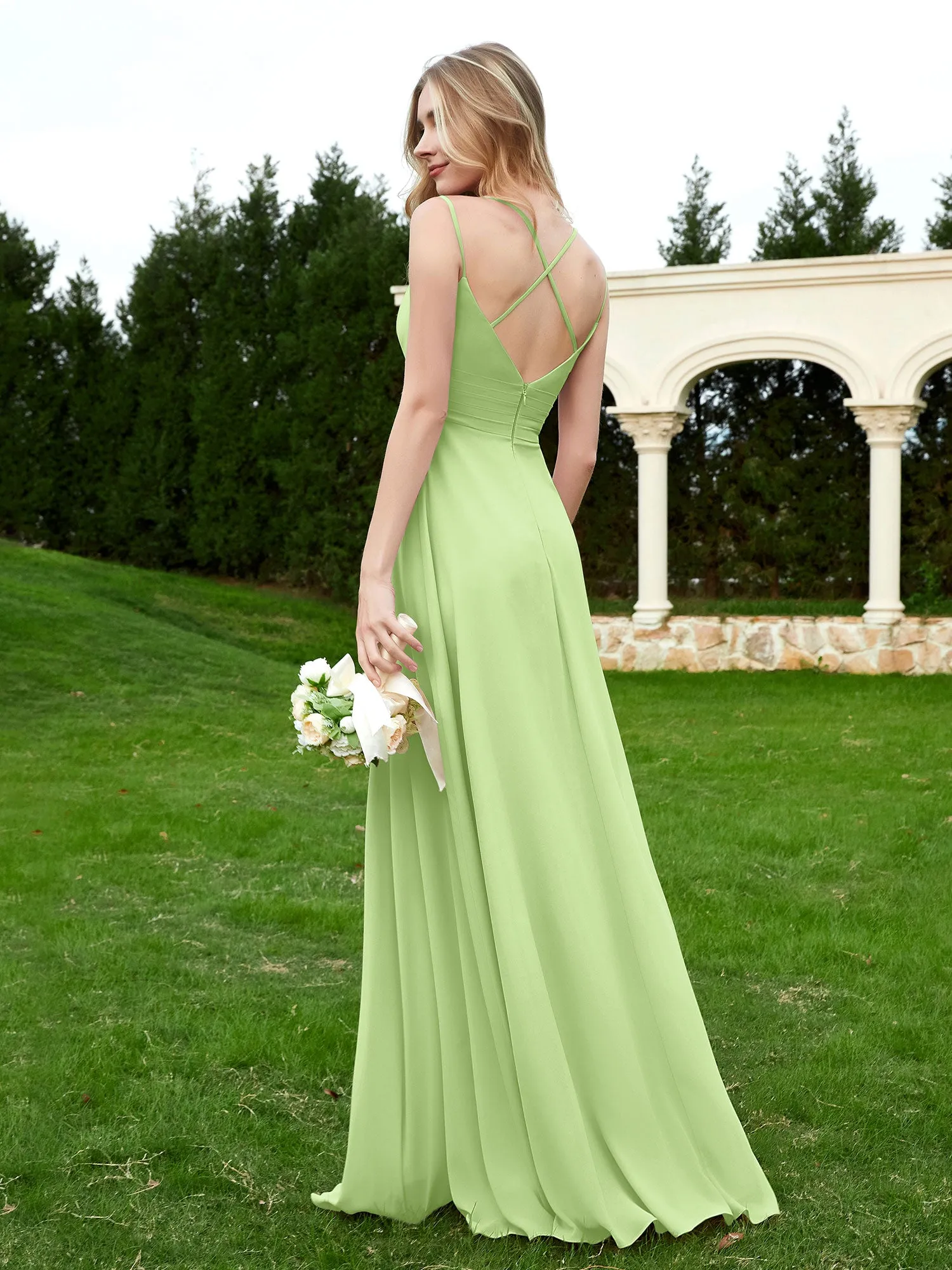 Floor Length V Neck Chiffon Bridesmaid Gown Sage