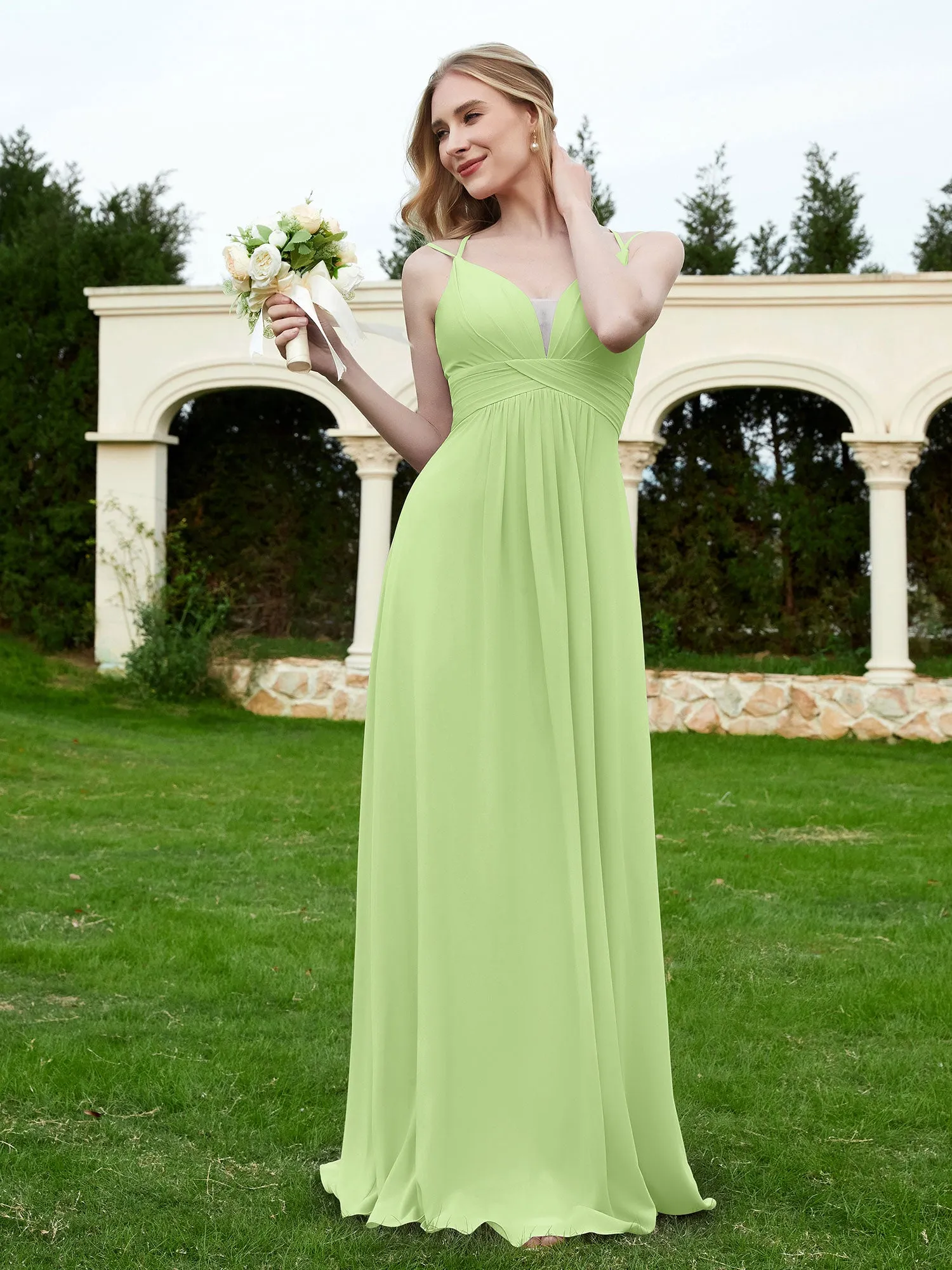 Floor Length V Neck Chiffon Bridesmaid Gown Sage