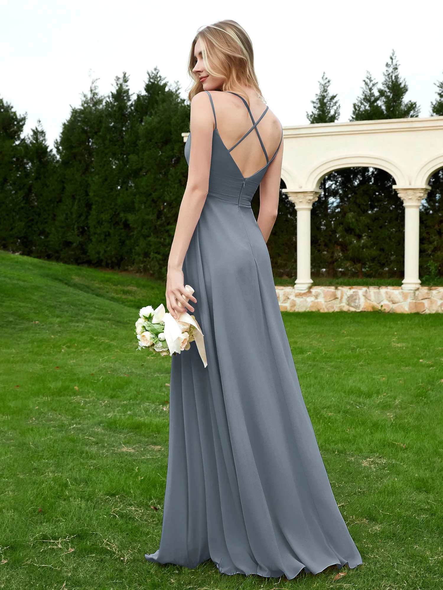 Floor Length V Neck Chiffon Bridesmaid Gown Slate Blue