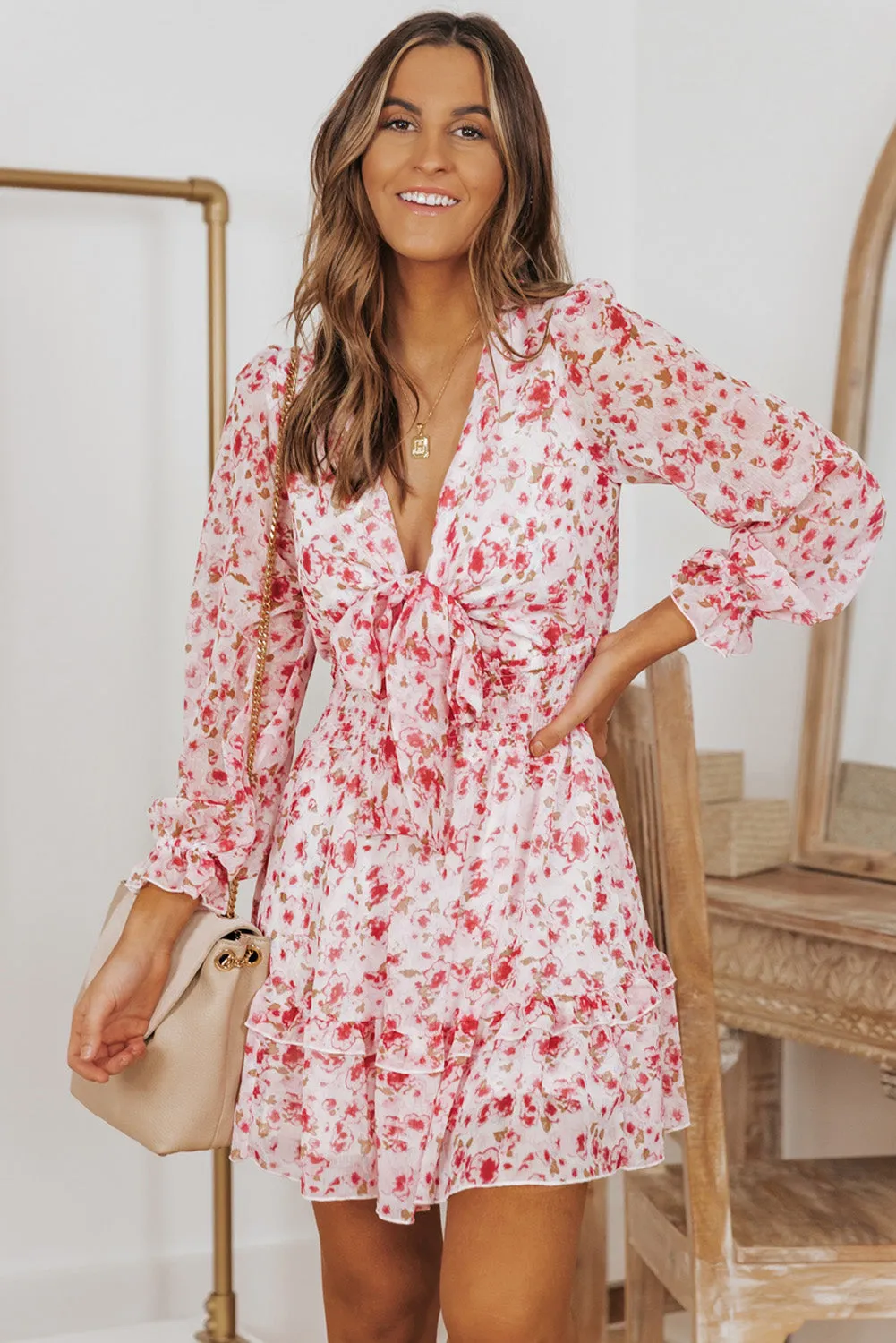 Floral Deep V Flounce Sleeve Mini Dress